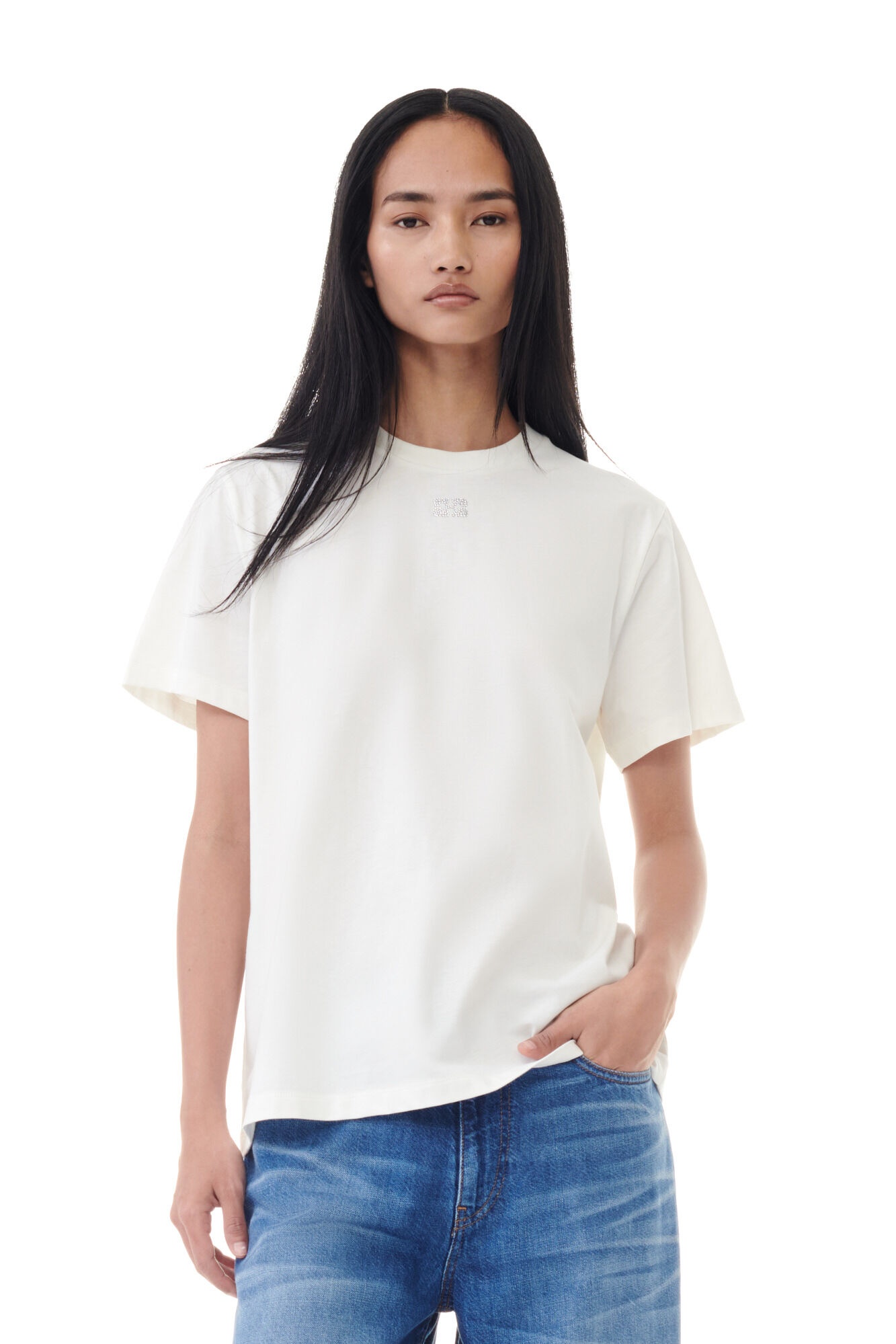 WHITE BASIC JERSEY RHINESTONE RELAXED T-SHIRT - 3