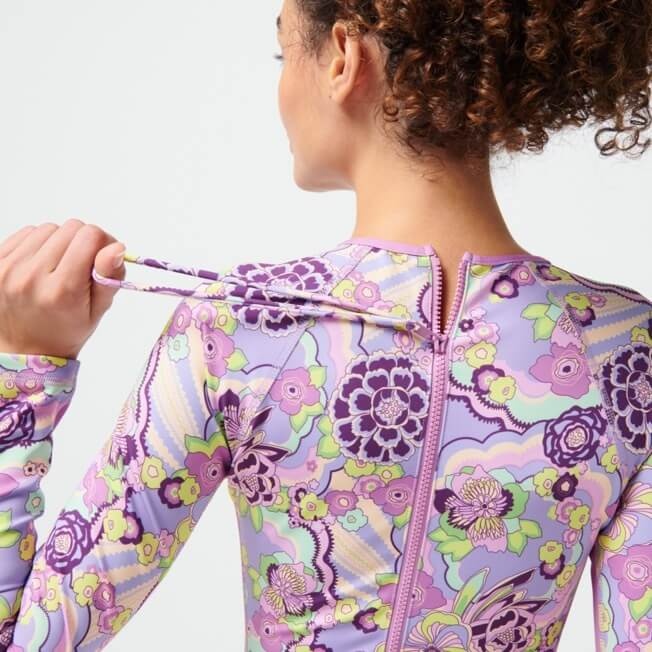 Women Rashguard Long Sleeves One-piece Swimsuit Rainbow Flowers - 5