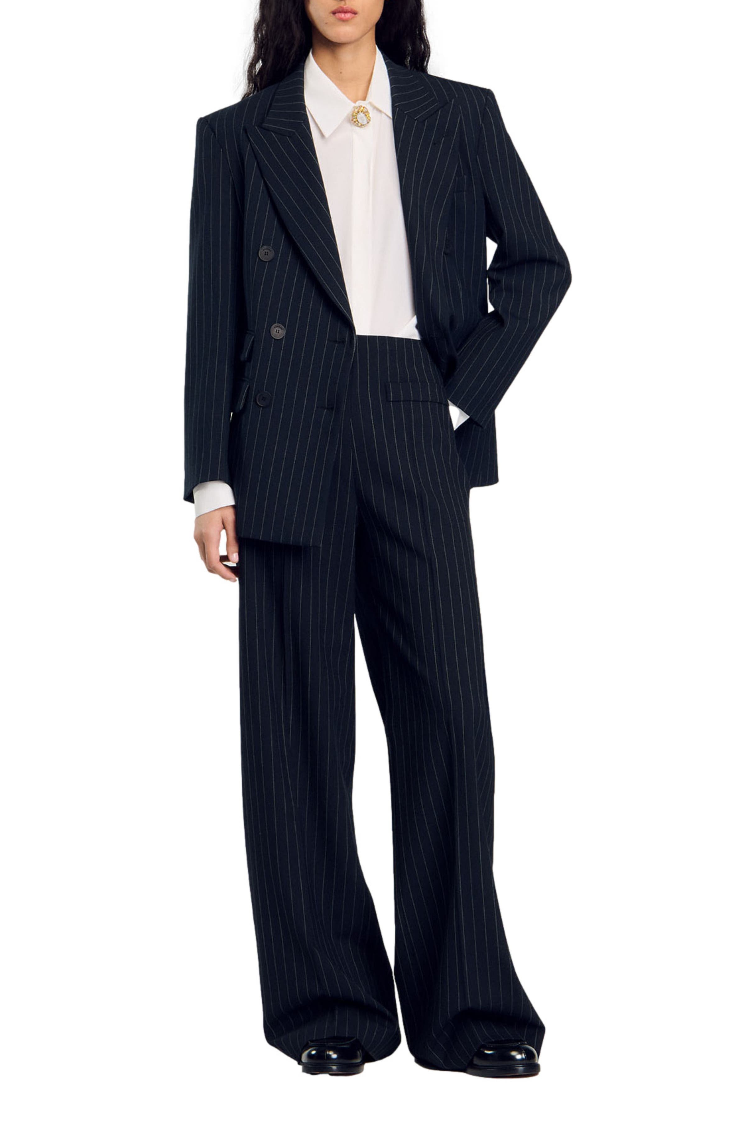 SANDRO Chalk-striped straight-leg trousers in Black at Nordstrom - 7