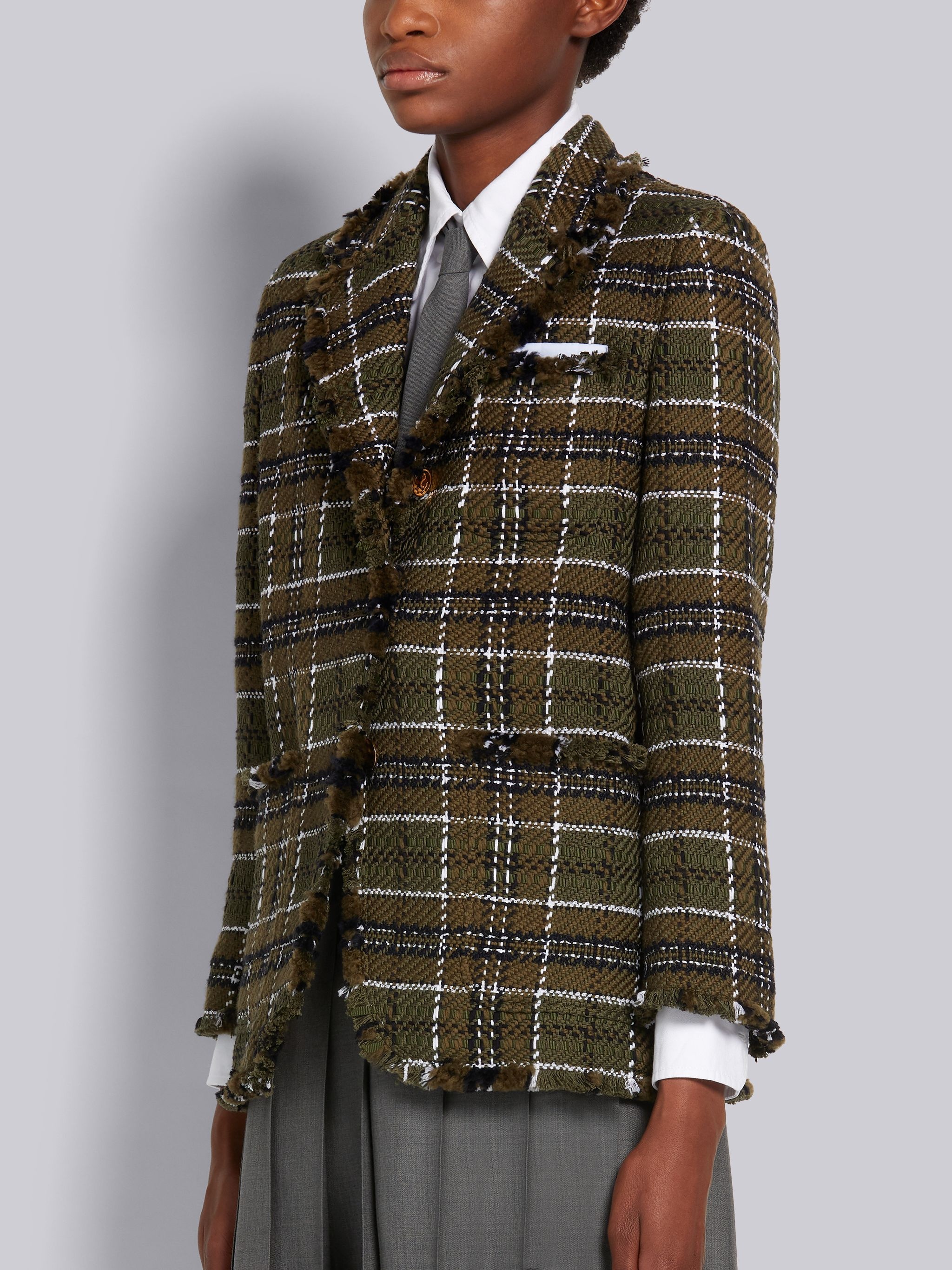 Dark Green Tartan Check Tweed Frayed Sack Jacket - 2