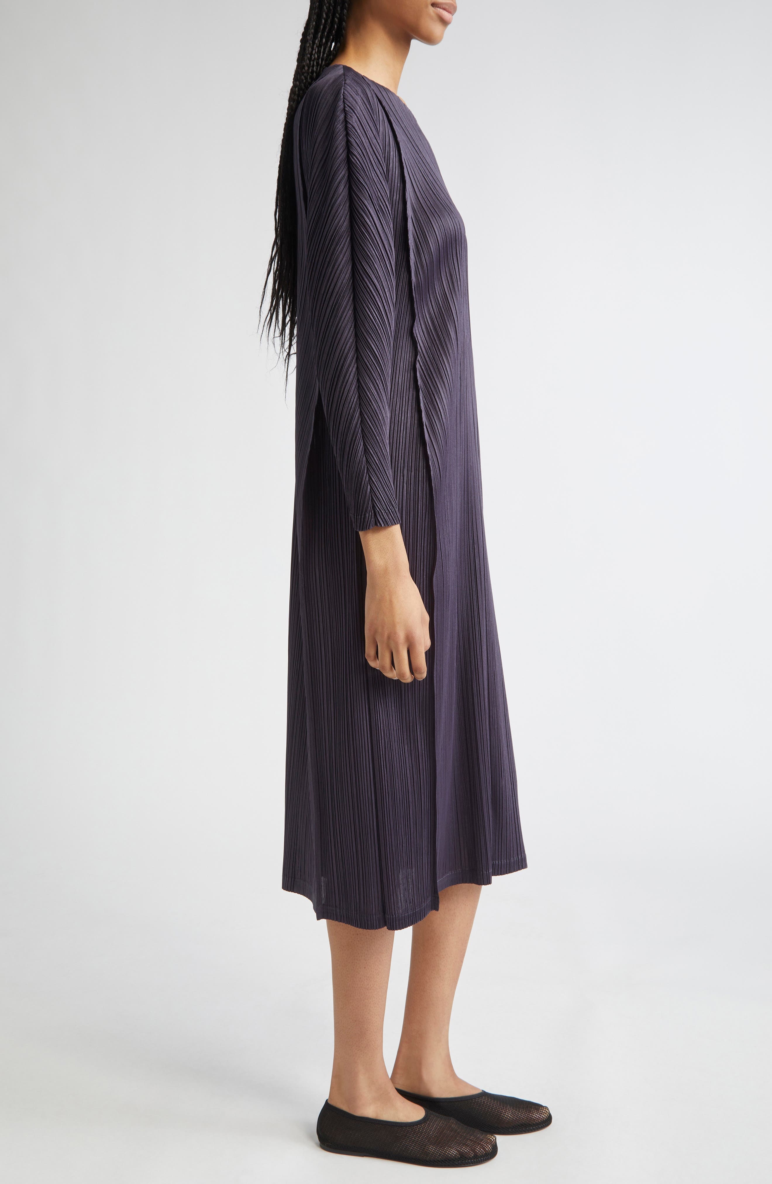 Pleats Please Issey Miyake Lantern Pleated Long Sleeve Midi Dress in Blue Black at Nordstrom - 4