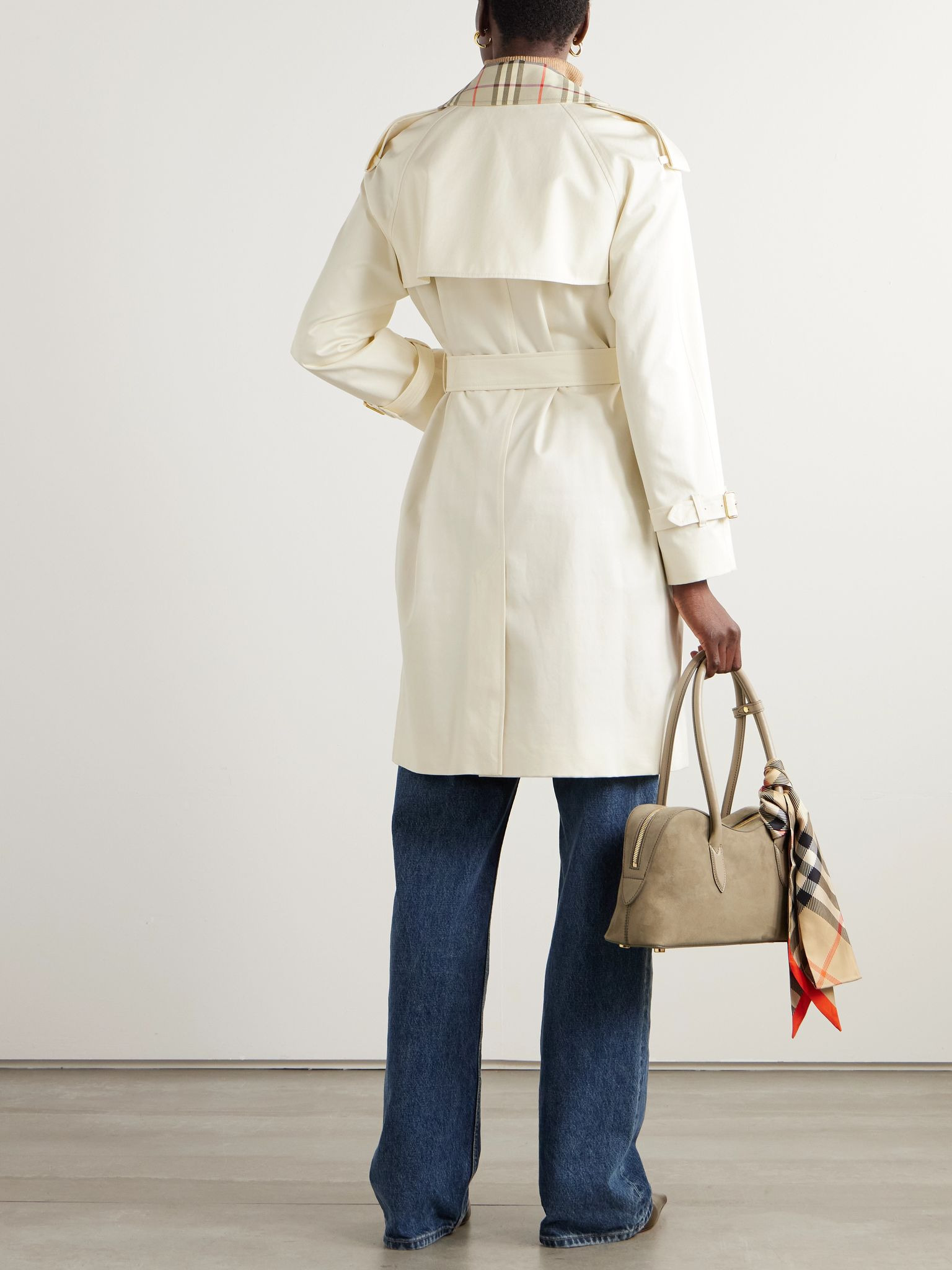 Double-breasted checked cotton-gabardine trench coat White - 3