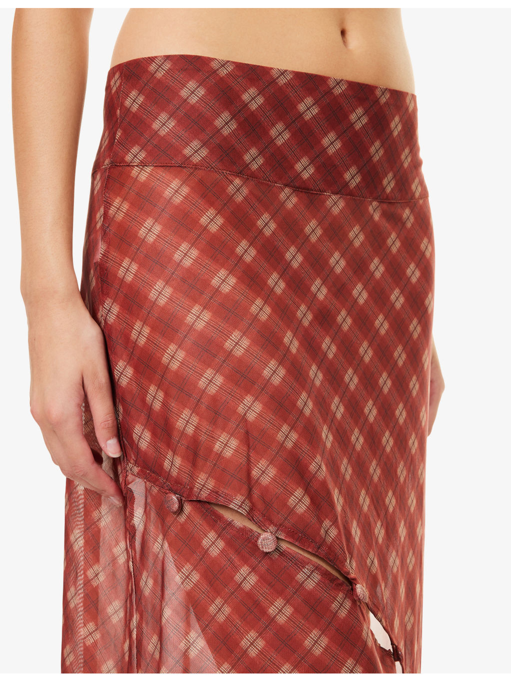 Retro Check Asymmetric Stretch-Woven Midi Skirt - 5