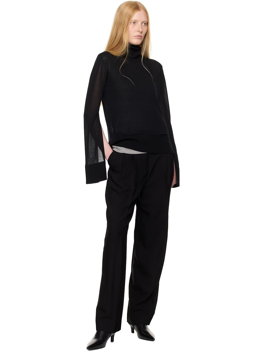 Black Double-Pleat Straight Trousers - 4