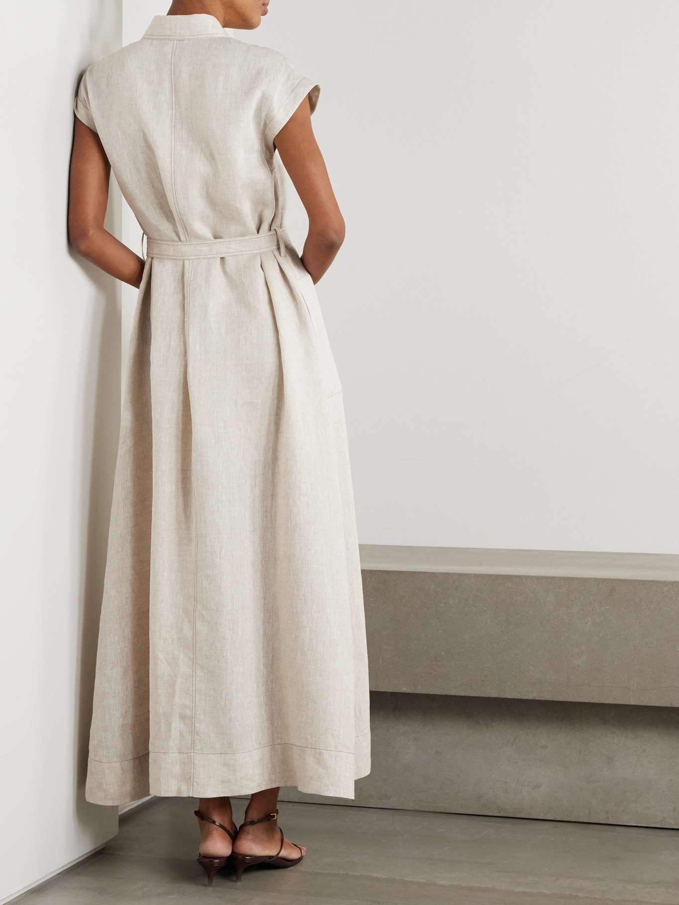 Belted bead-embellished linen midi dress Beige - 3