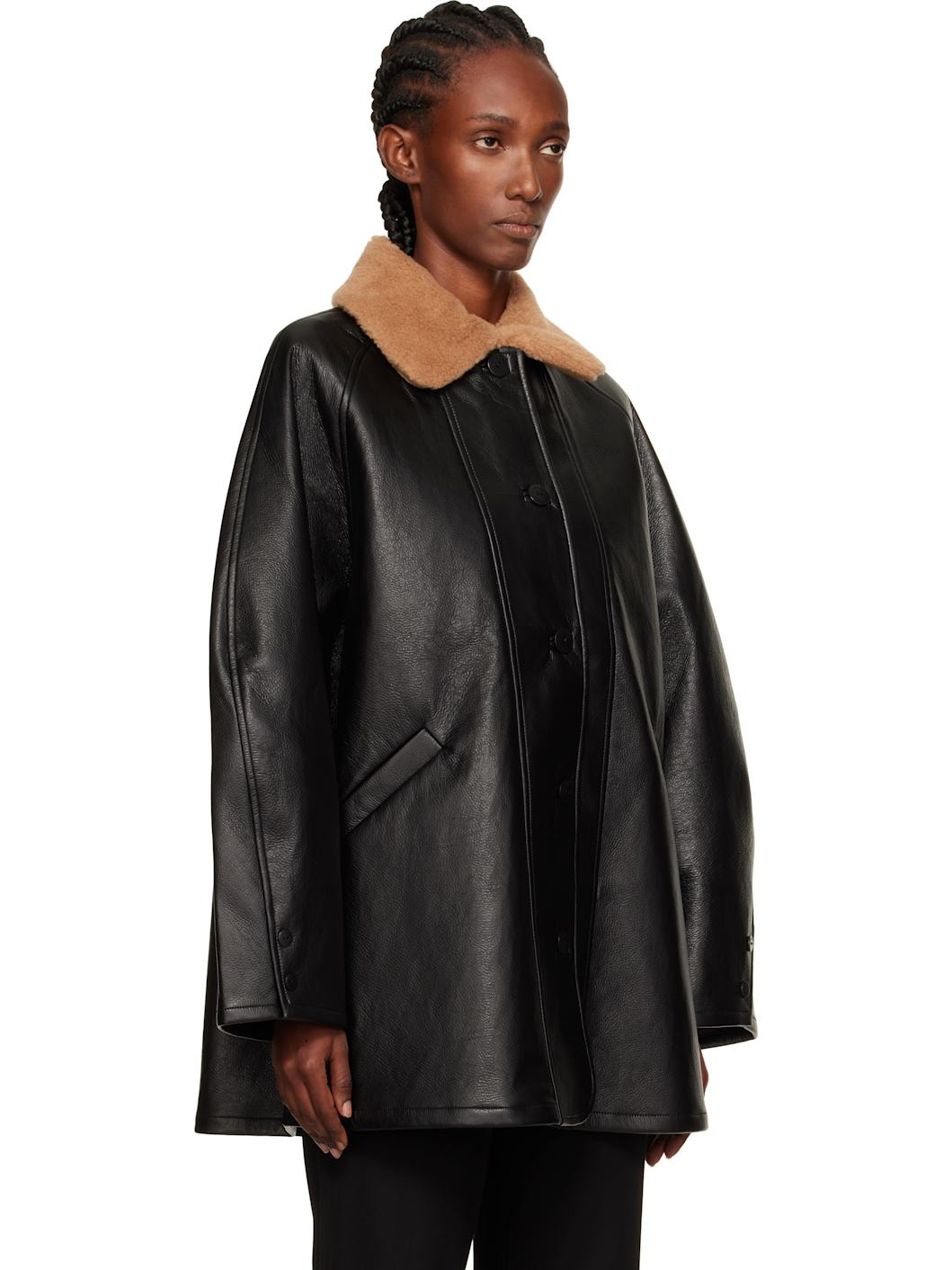 Black Aviator Midi Faux-Leather Coat - 2