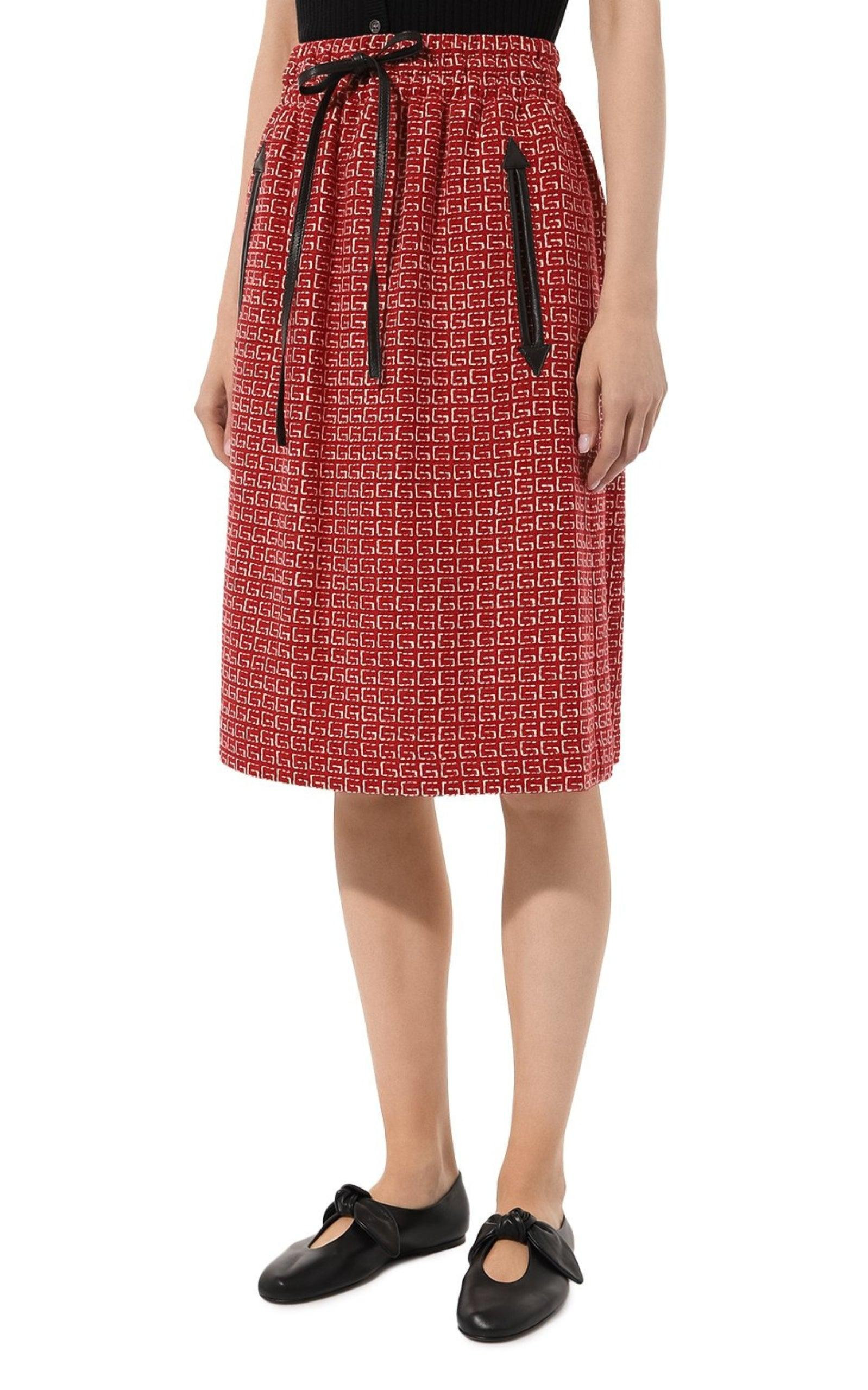 Red Jacquard GG Drawstring Skirt - 3