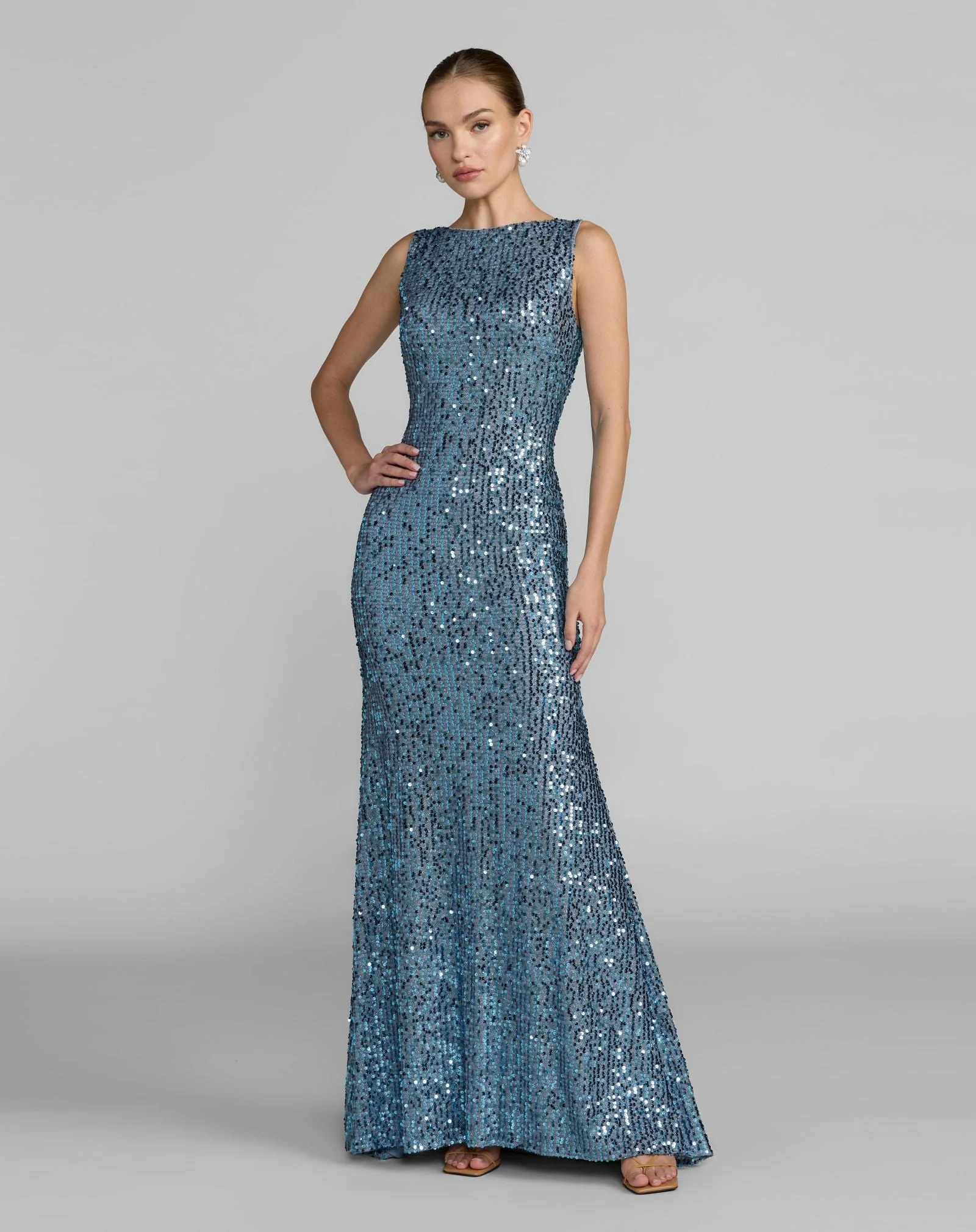 Fusion Blue Sleeveless Cowl Back Sequin Evening Gown - 1