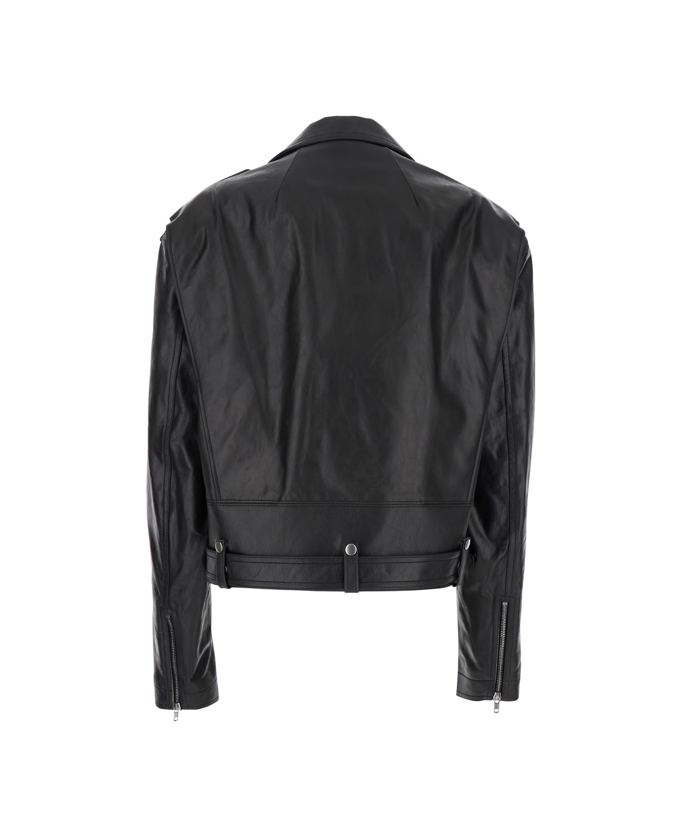 'jumbo' Black Cropped Jacket With Notched Revers And Waist Belt In Leather Woman - 2