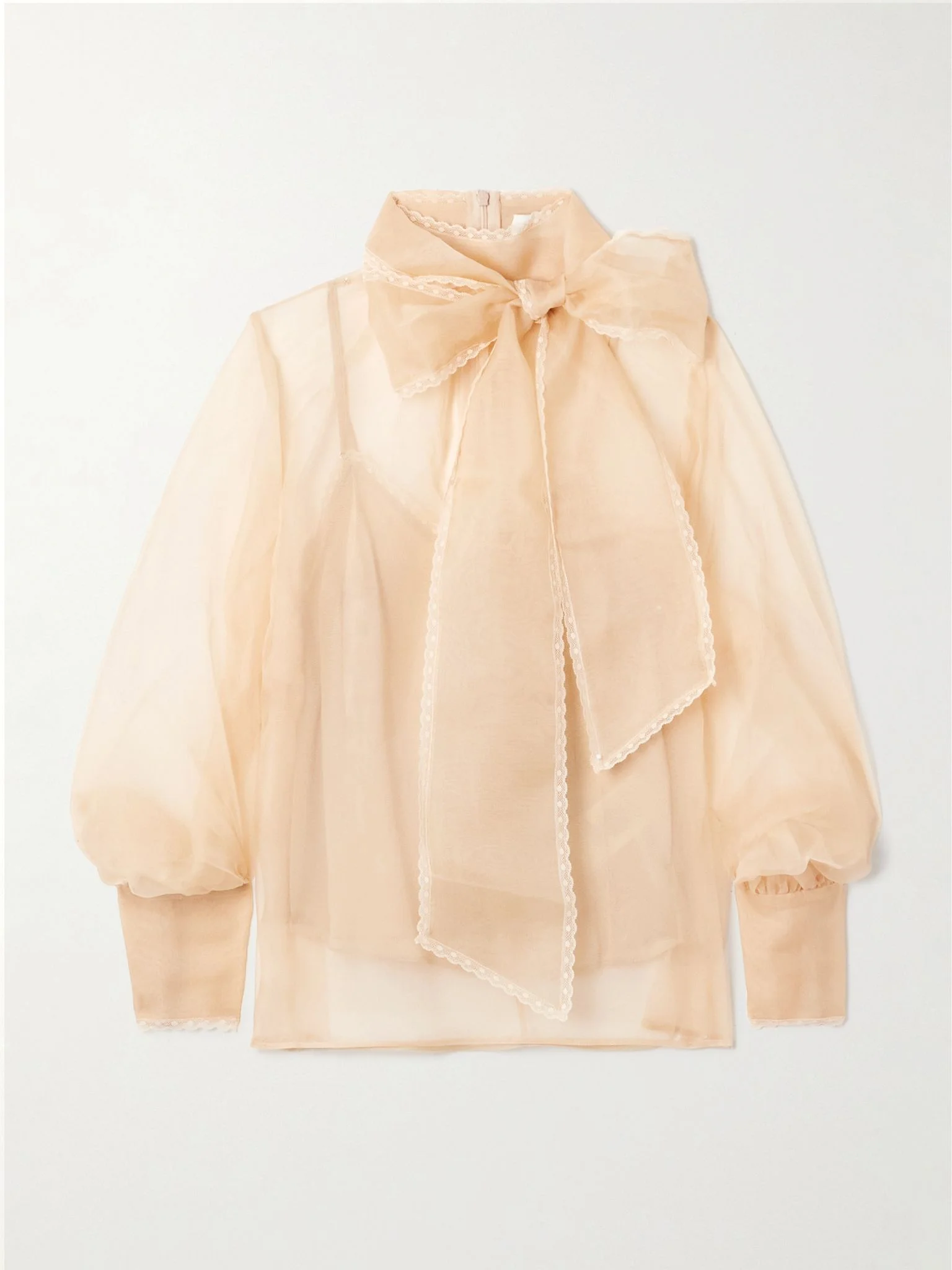 Pussy-bow lace-trimmed silk-organza blouse Blush - 1