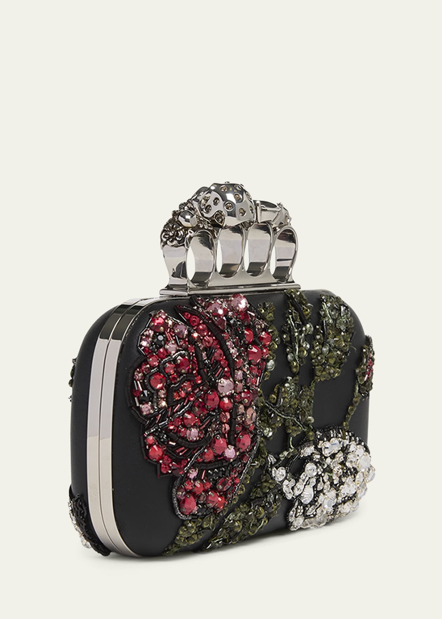 Bead & Crystal Flower Skull Four Ring Clutch Bag - 3
