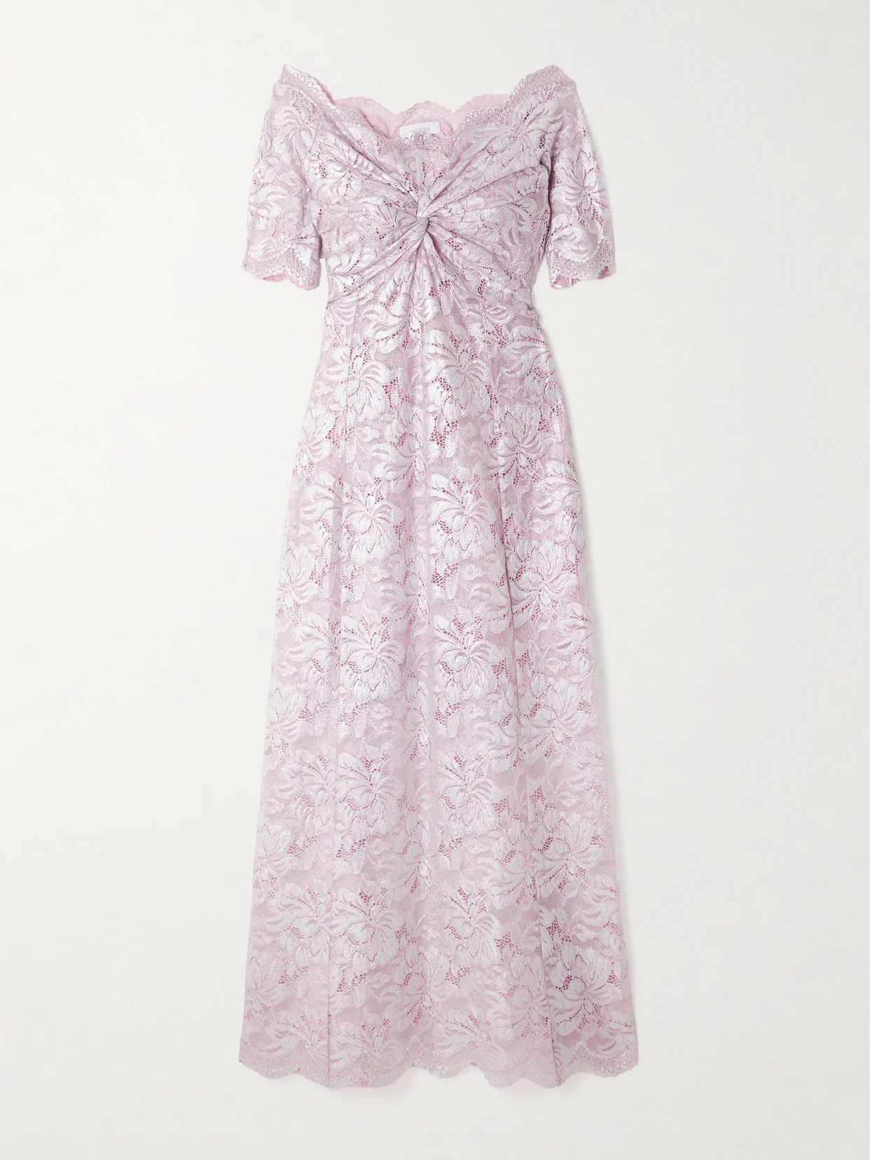 Off-the-shoulder Twist-front Metallic Lace Maxi Dress - 1