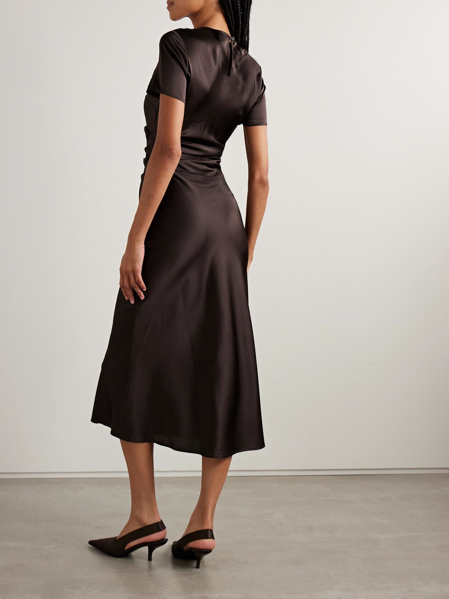 Marcel ruched stretch-silk charmeuse midi dress Dark brown - 3