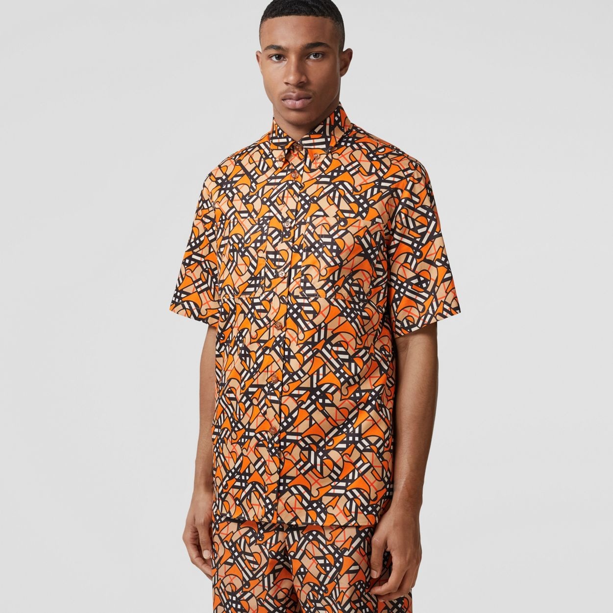 Short-sleeve Monogram Print Cotton Poplin Shirt - 5