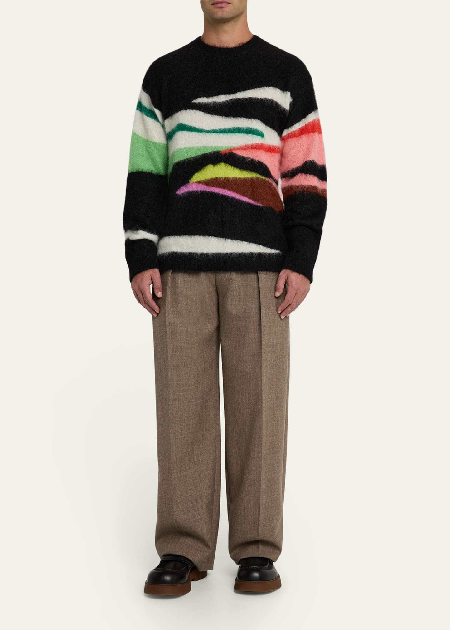 Men's Abstract Intarsia Brushed Mohair Crewneck Sweater - 2