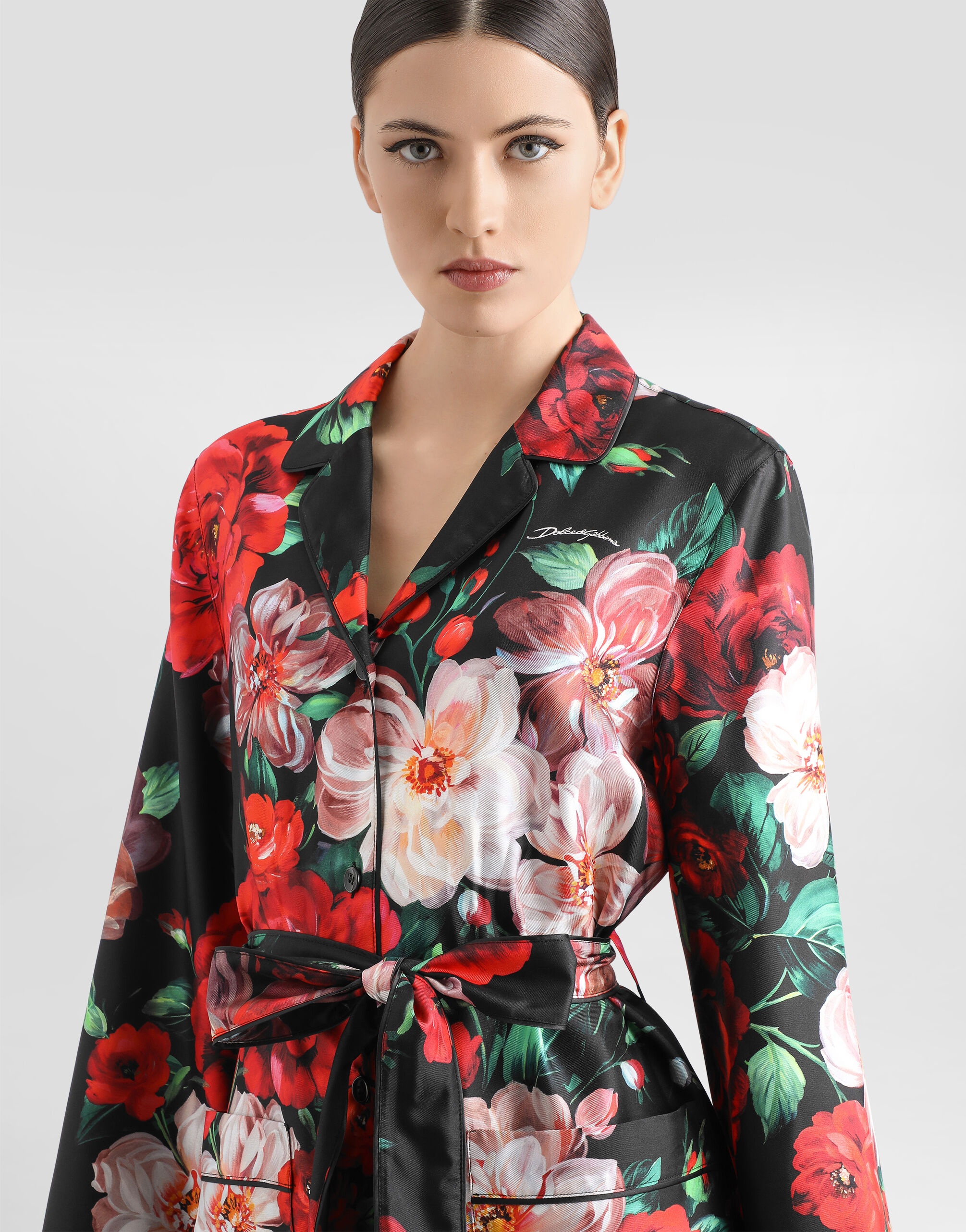 Long-sleeved twill pajama shirt with rose print - 4