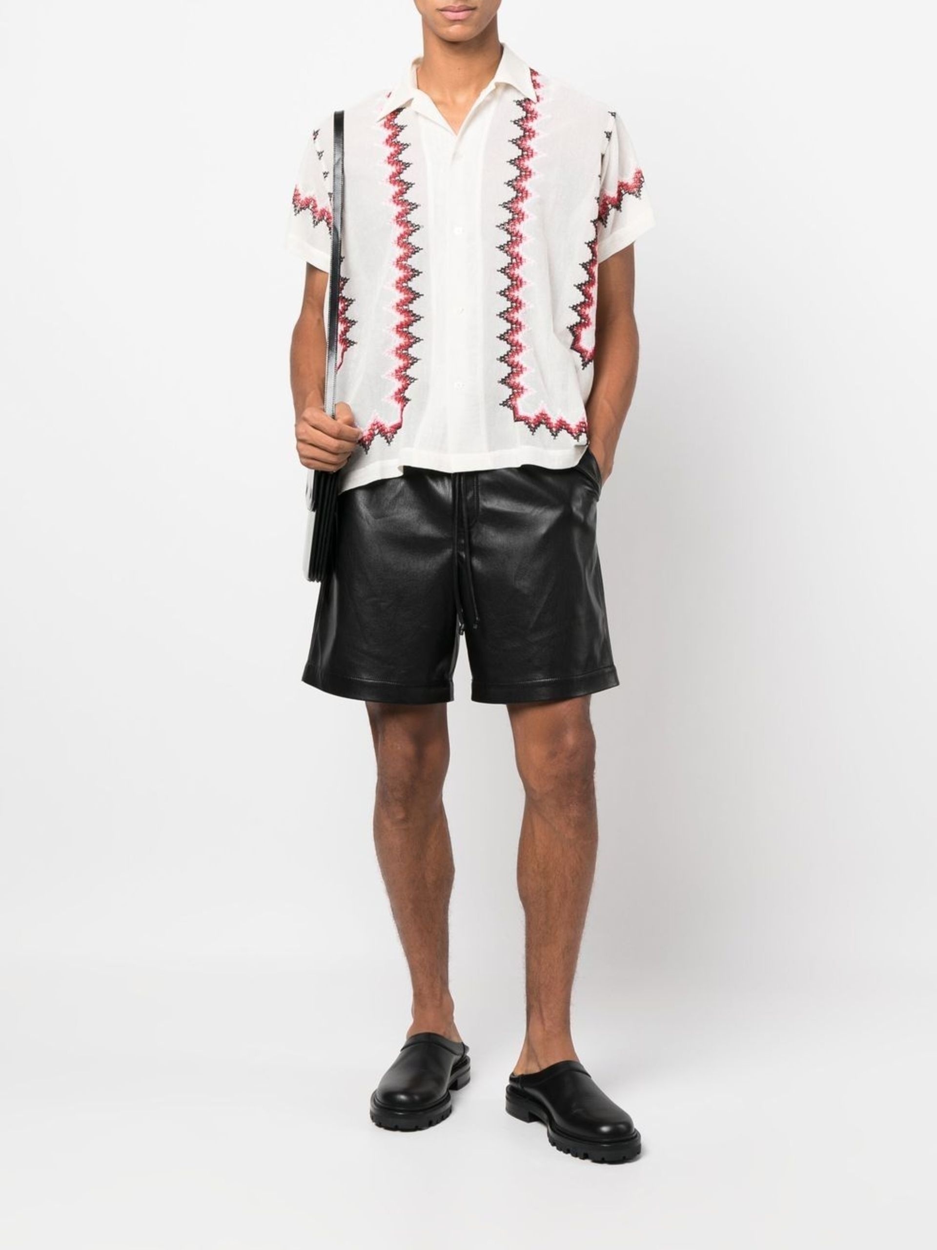 Black Faux Leather Track Shorts - 2