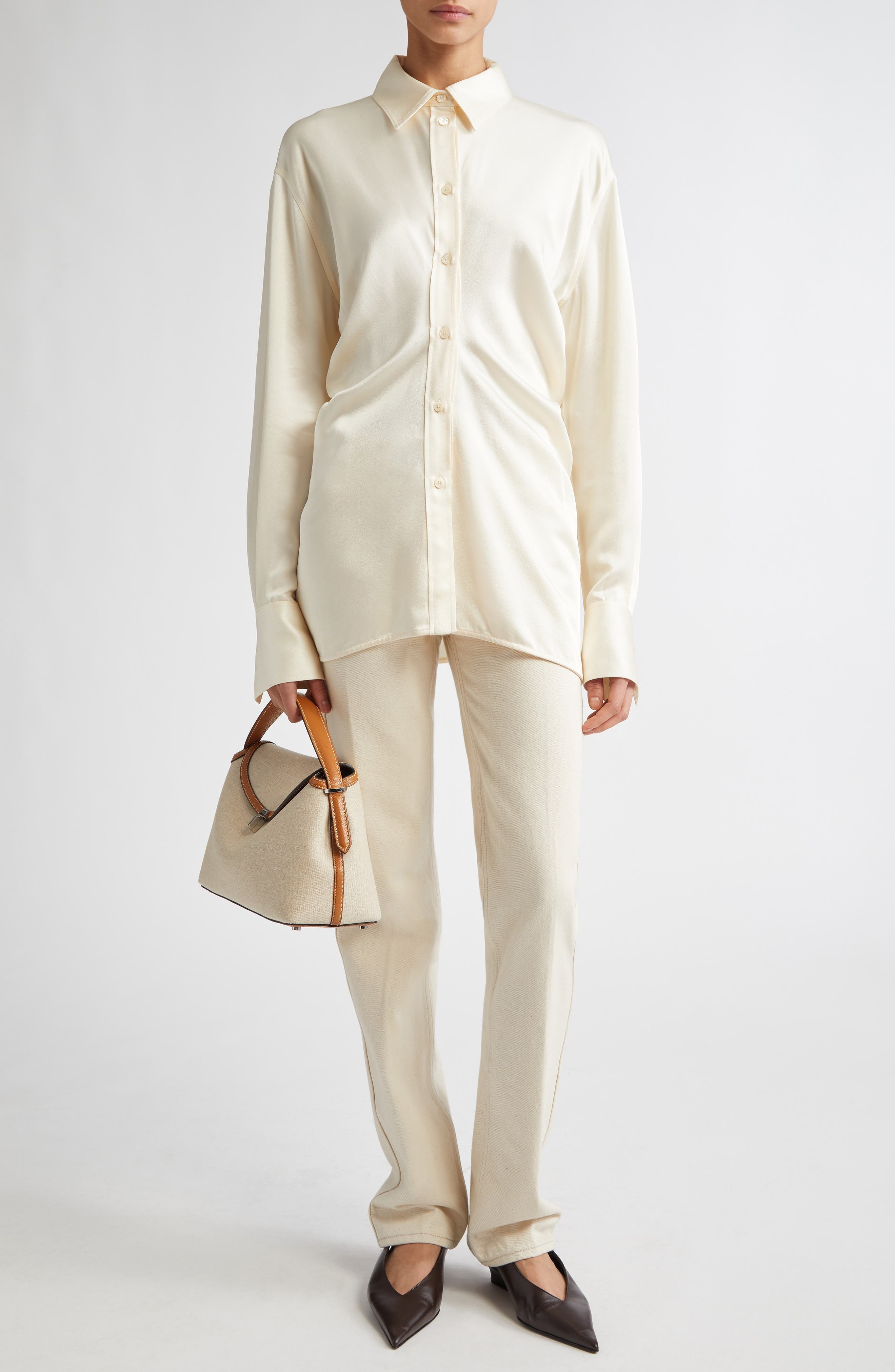 TOTEME Slouch Waist Satin Button-Up Shirt in Macadamia at Nordstrom - 3