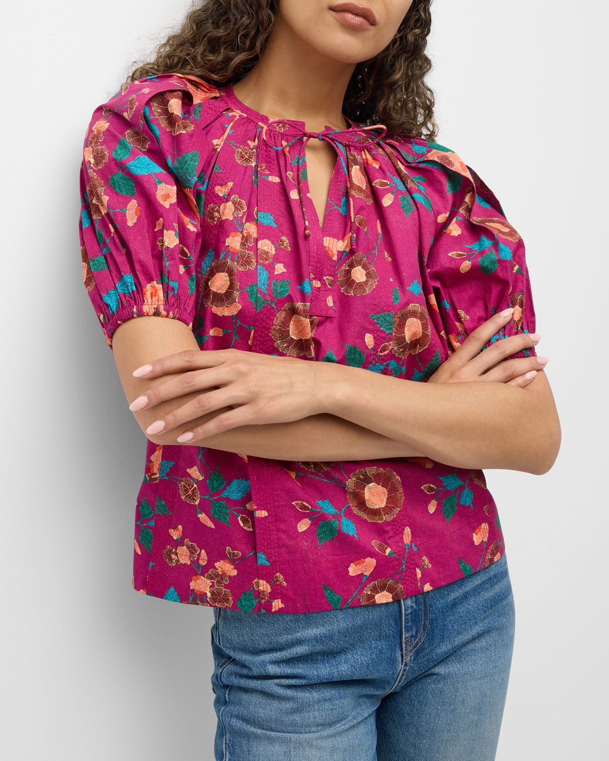 Loli Puff-Sleeve Floral Jacquard Poplin Top - 7