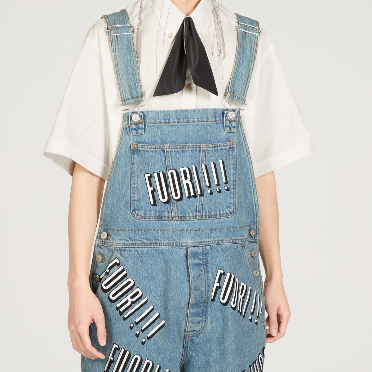 Cotton denim overall with Fuori!! print - 4