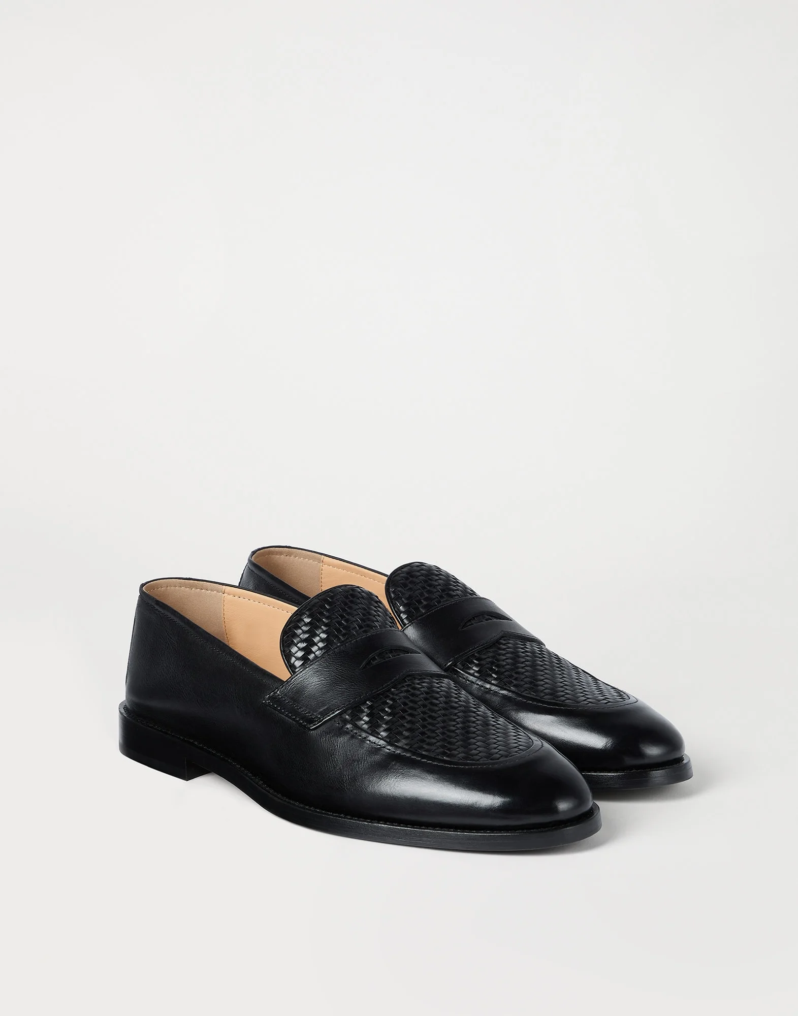 Braided calfskin and polished calfskin penny loafers - 1