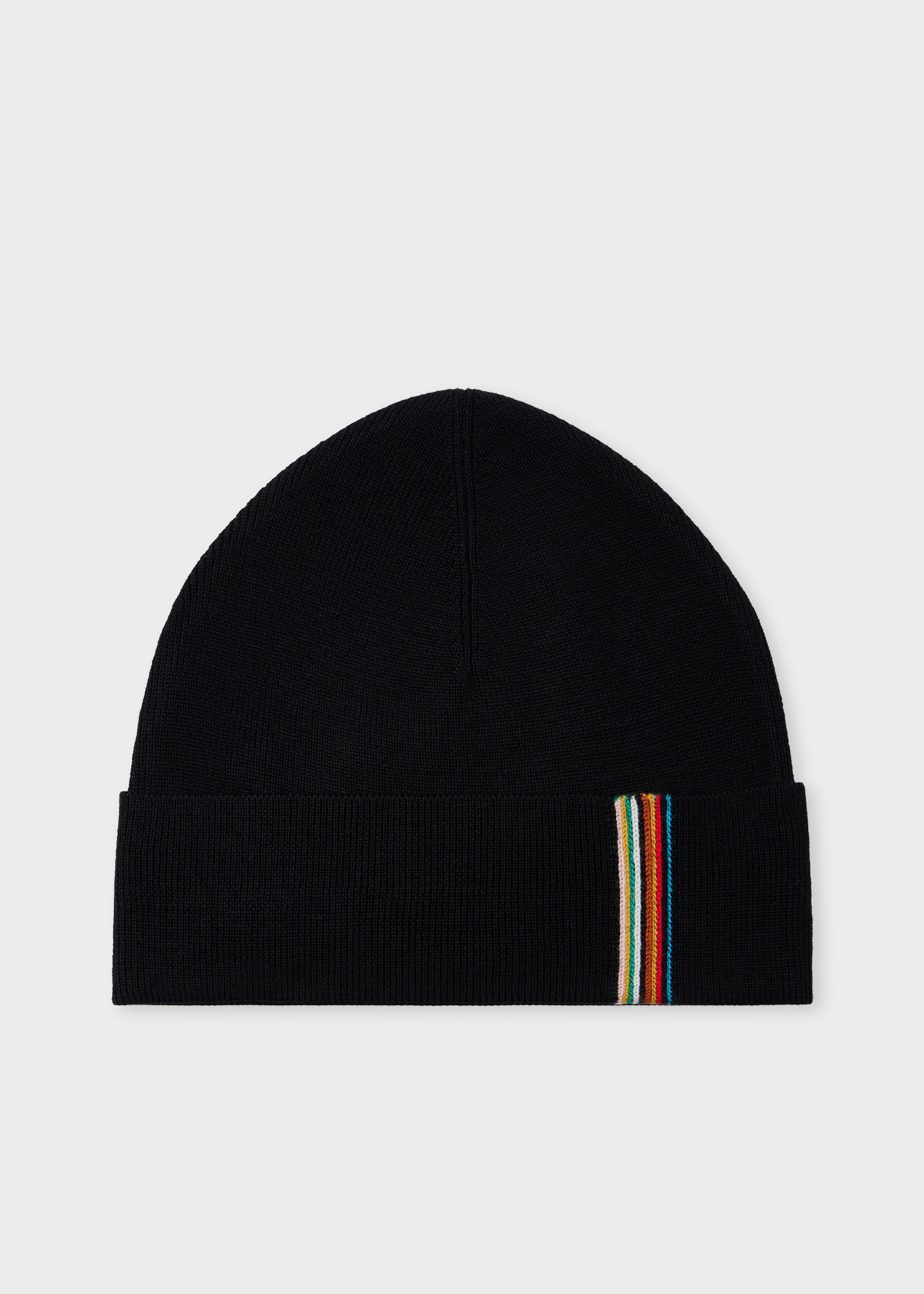 Black Merino Wool 'Signature Stripe' Trim Beanie - 1