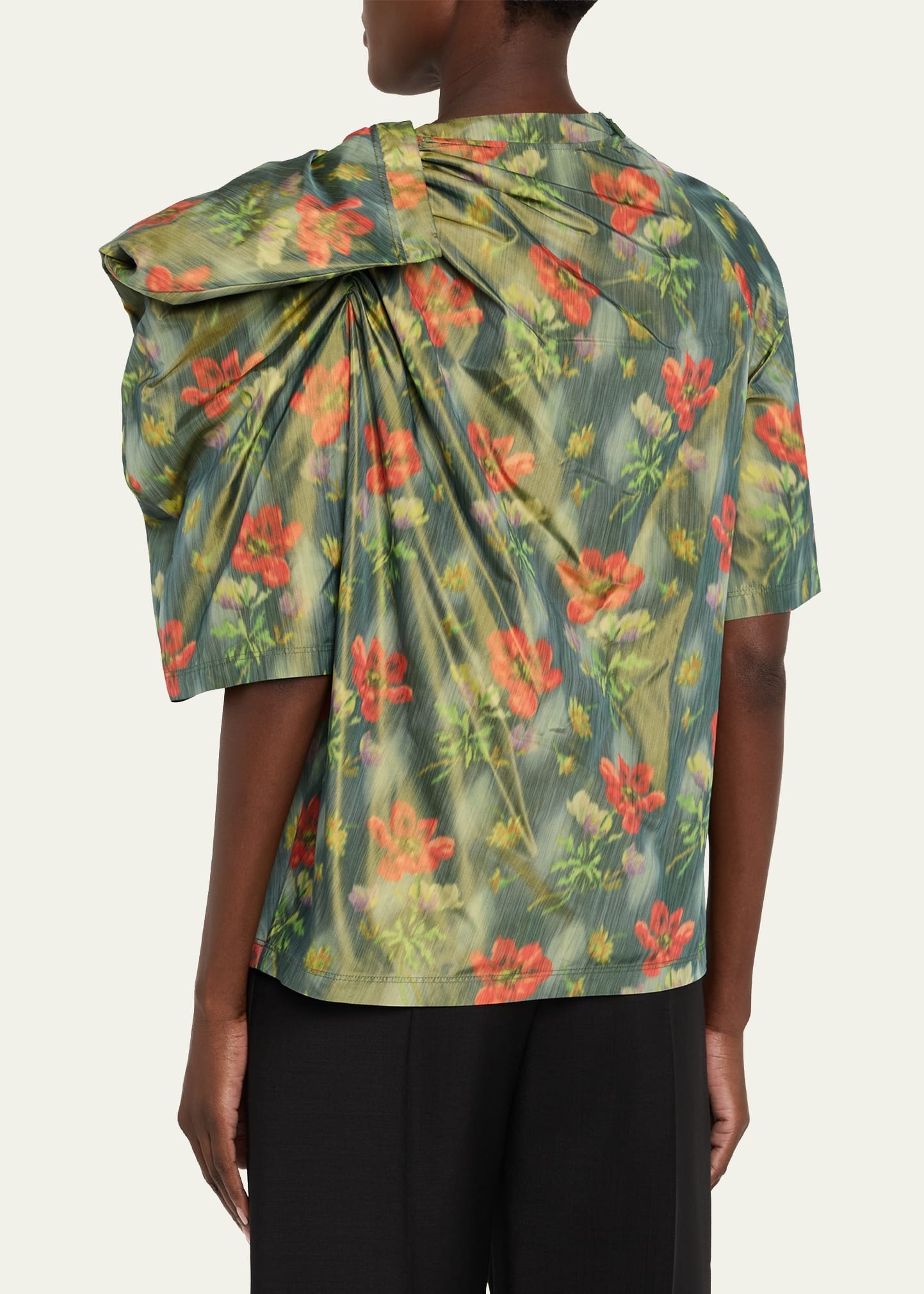 Floral Taffeta Asymmetric Puff Shoulder Top - 3