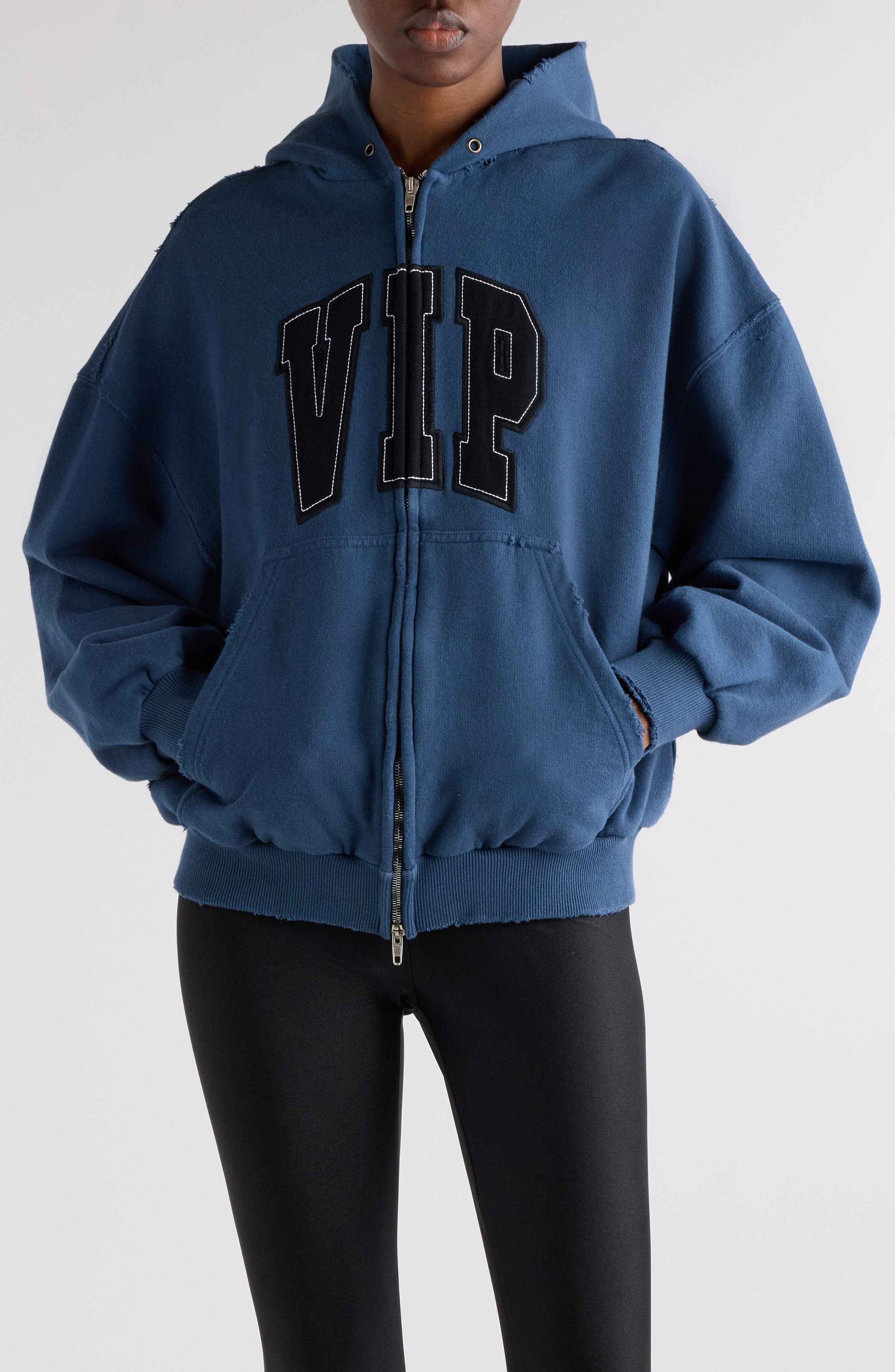 Balenciaga Shifted VIP Distressed Cotton Zip-Up Hoodie in 5002 Dark Blue at Nordstrom - 1