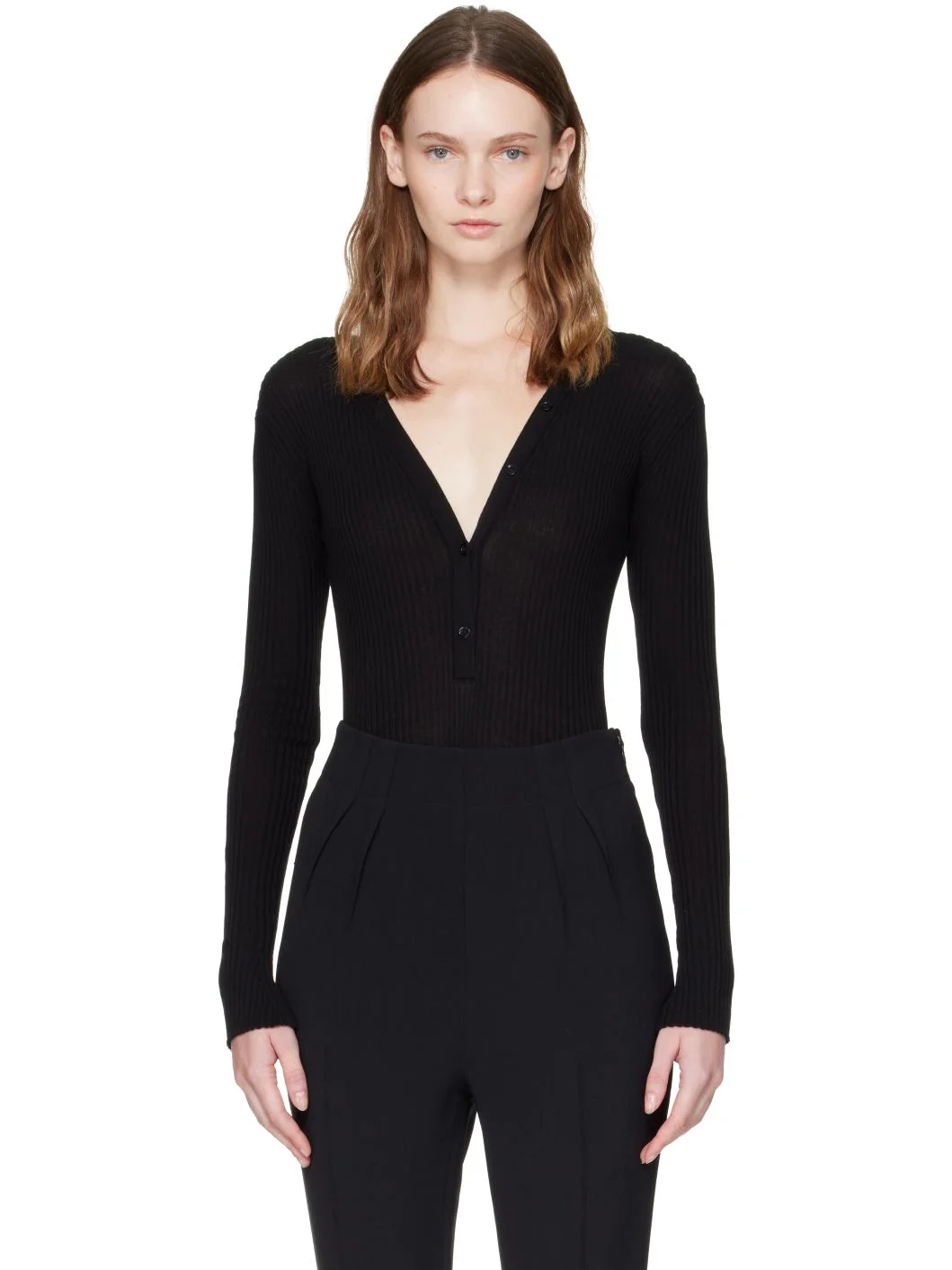 Black Knit Buttoned Bodysuit - 1
