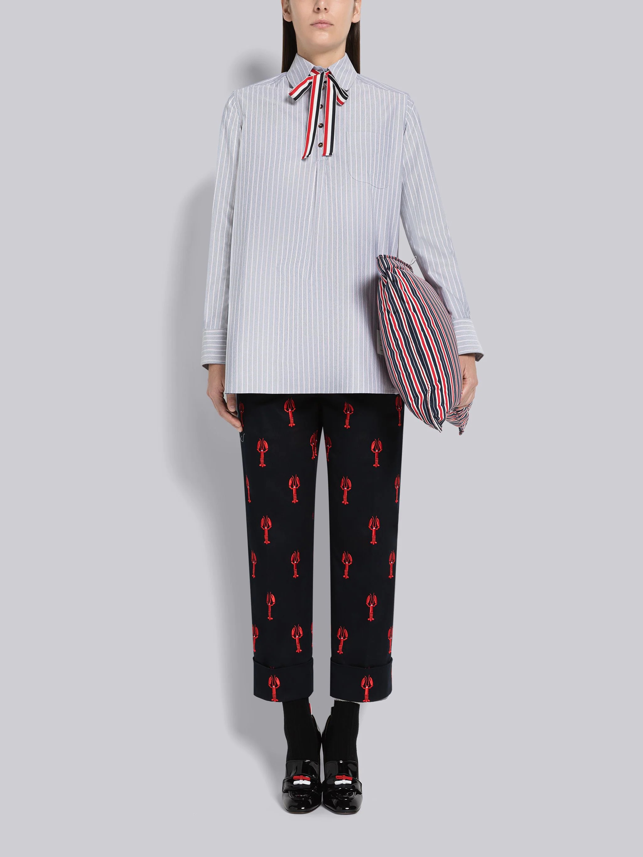 Shadow Pinstripe Oxford Bow Tie Blouson - 4
