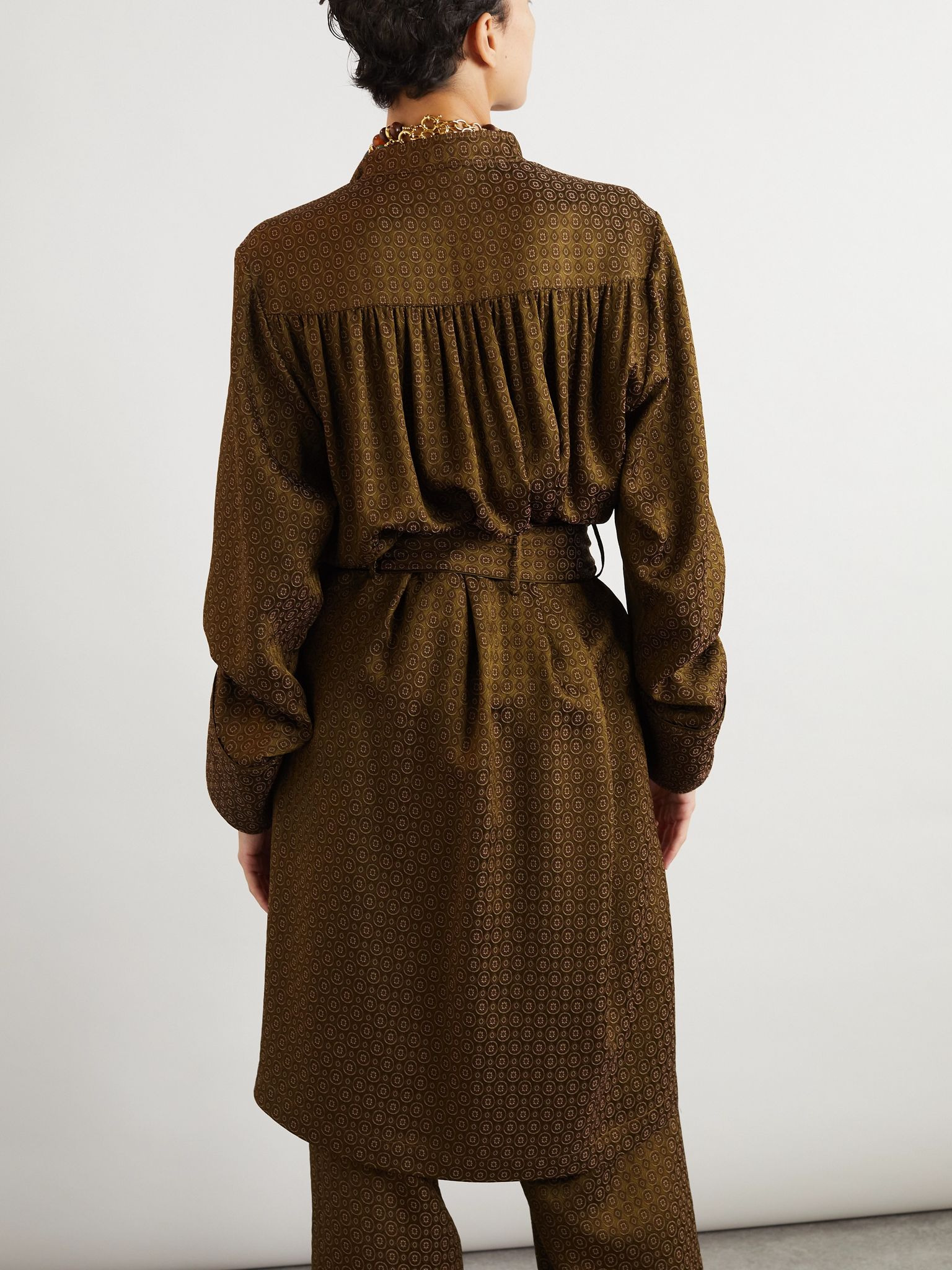Belted printed silk shirt dress Bronze - 3