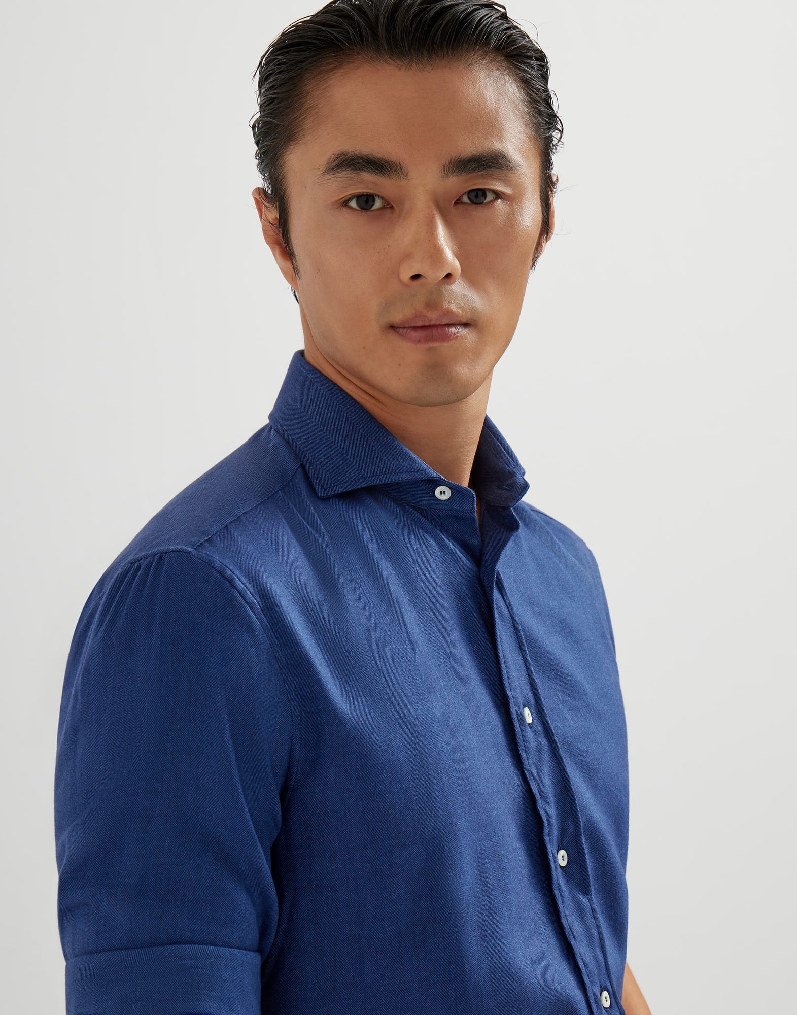 Stretch cotton chevron flannel slim fit shirt with spread collar - 3
