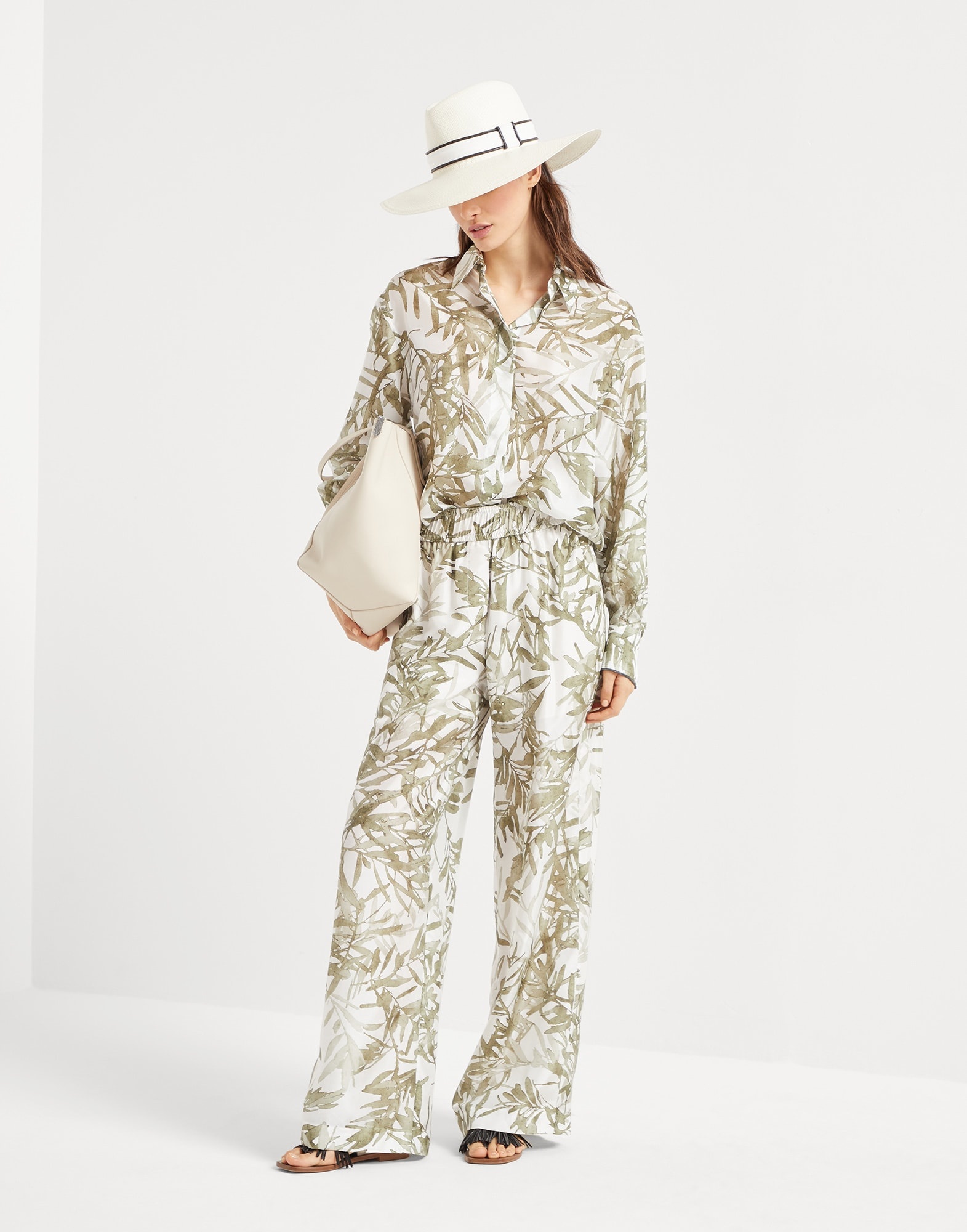 Silk herbarium print pongee pyjama-style loose trousers - 4