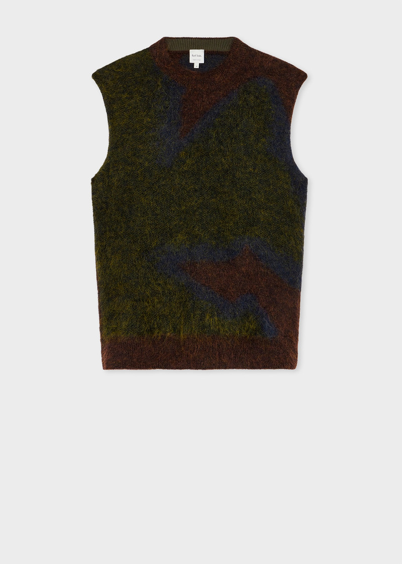 Dark Grey and Green 'Photogram Leaves' Mohair-Blend Knitted Vest 1
