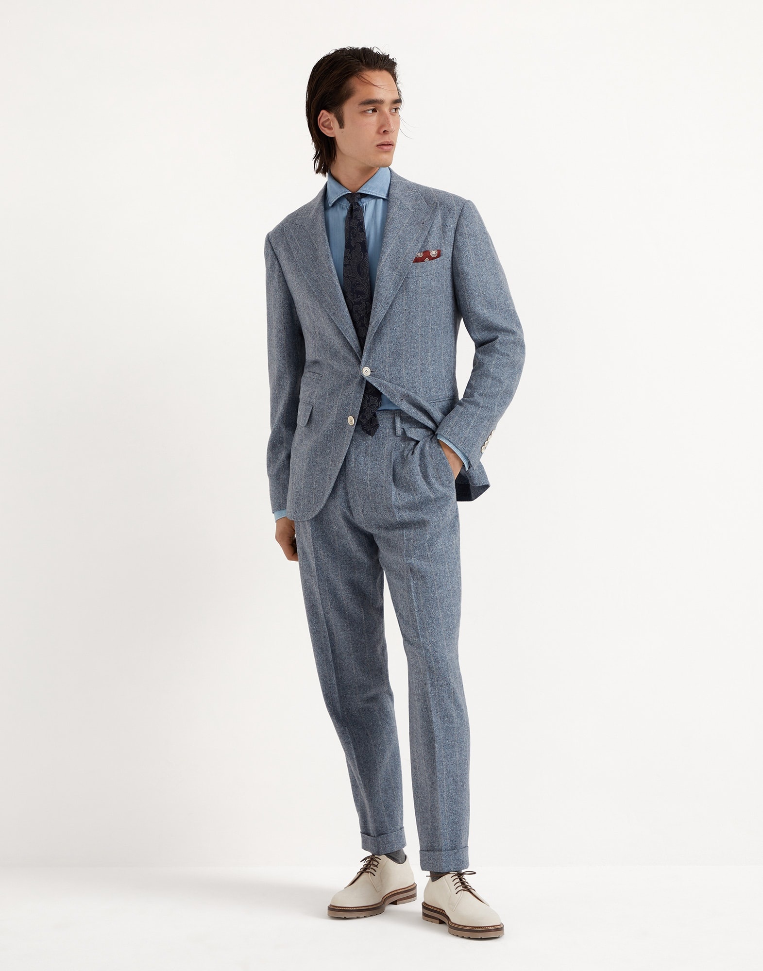 Flecked silk, wool and cashmere chalk stripe flannel Leisure suit: peak lapel jacket and trousers wi - 4