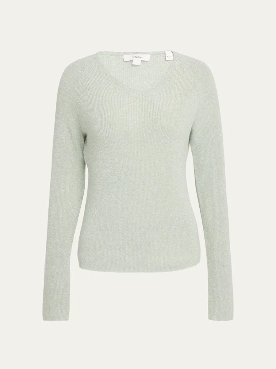 Metallic Ribbed V-Neck Sweater - 1