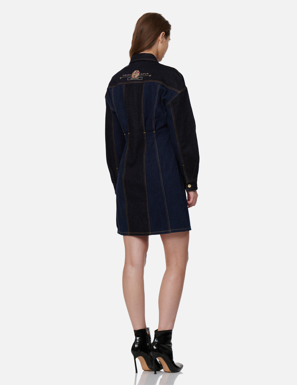 SEAGULL AND KAMON EMBROIDERY DENIM BLOCKING DRESS - 4