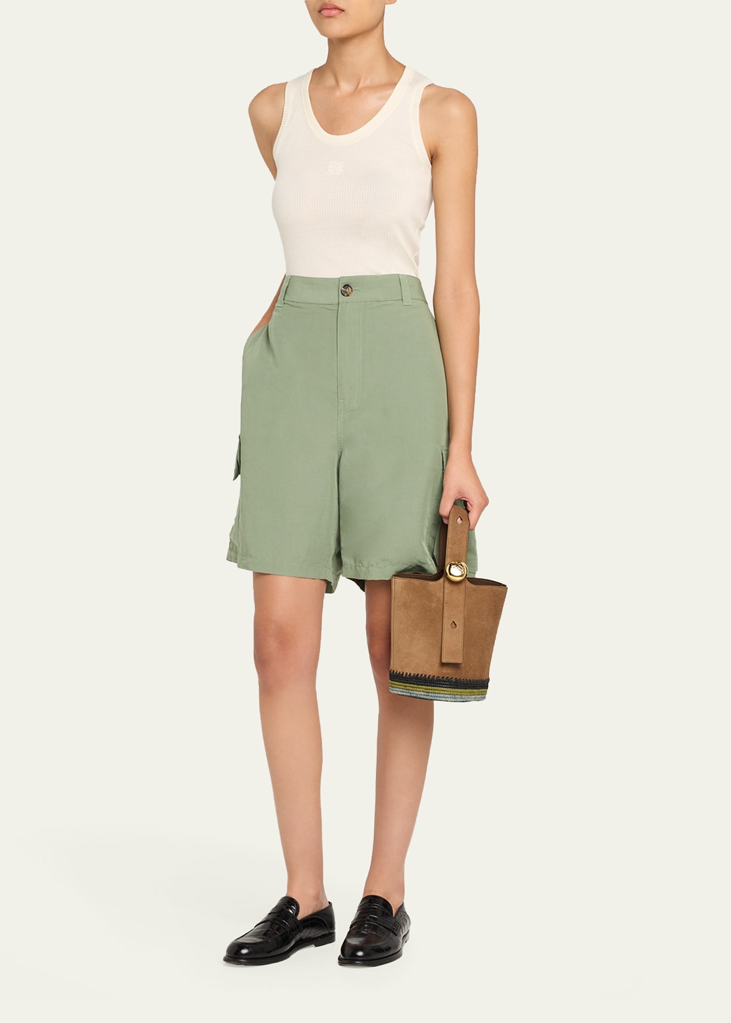 Pebble Raffia-Bottom Mini Bucket Bag in Suede - 6