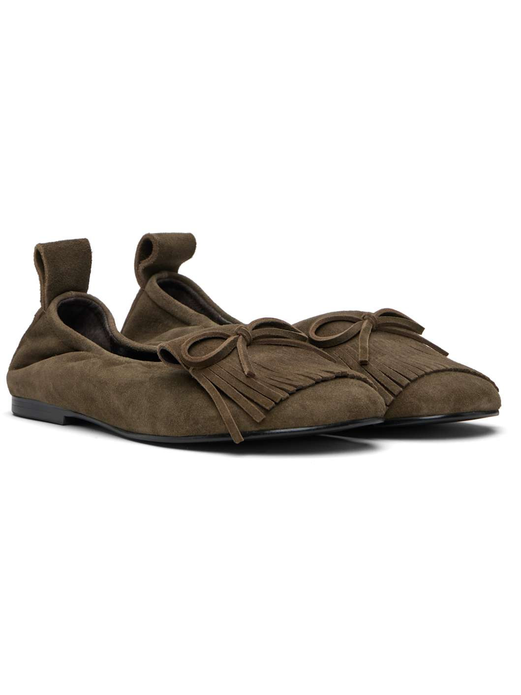Khaki Bun Suede Fringe Ballerina Flats - 4