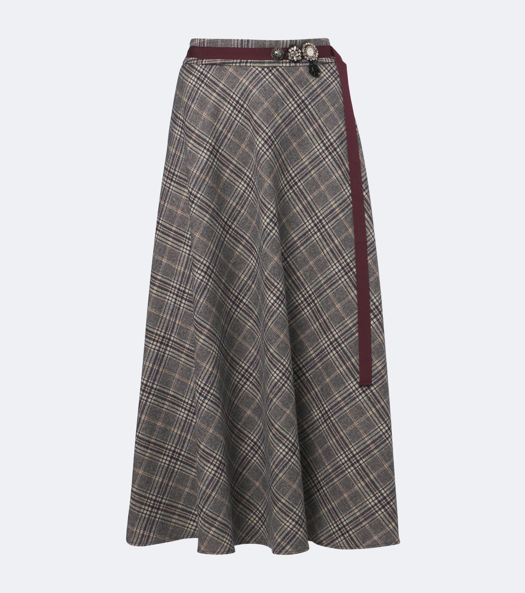 Belted plaid virgin wool midi skirt - 1