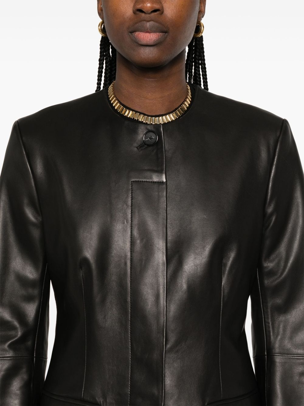 collarless leather jacket - 5