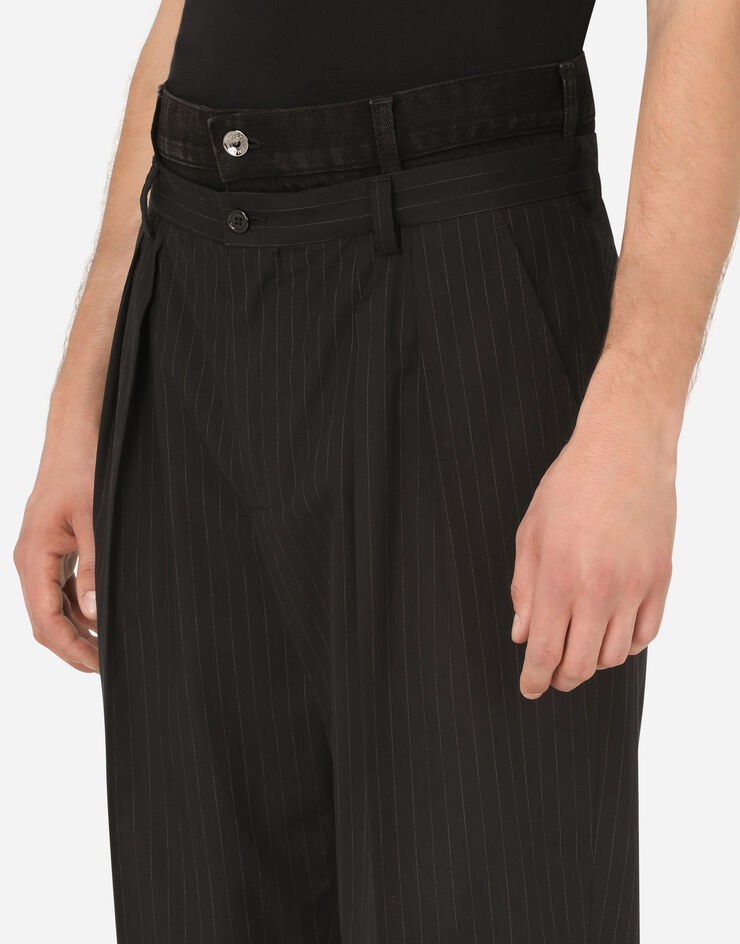 Pinstripe cotton pants with double denim belt - 4