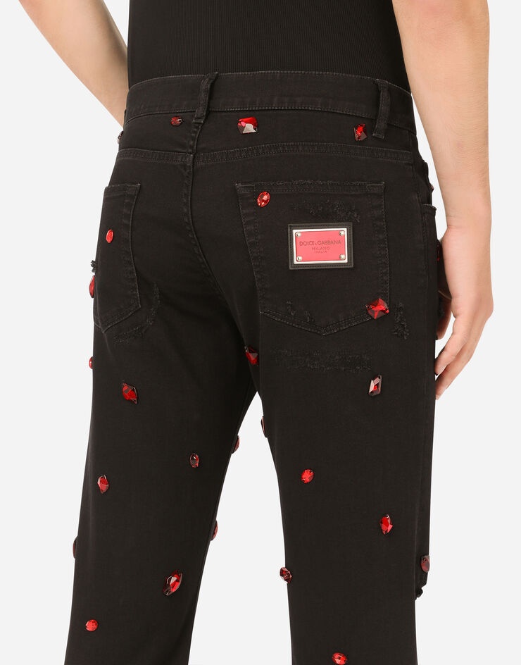 Black slim-fit stretch jeans with rhinestone detailing - 5