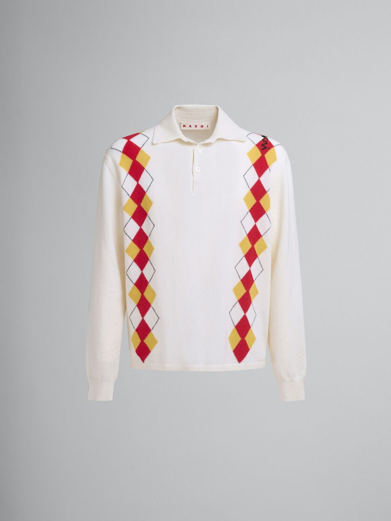 LONG SLEEVED IVORY POLO SHIRT WITH INTARSIA ARGYLE DETAIL - 1