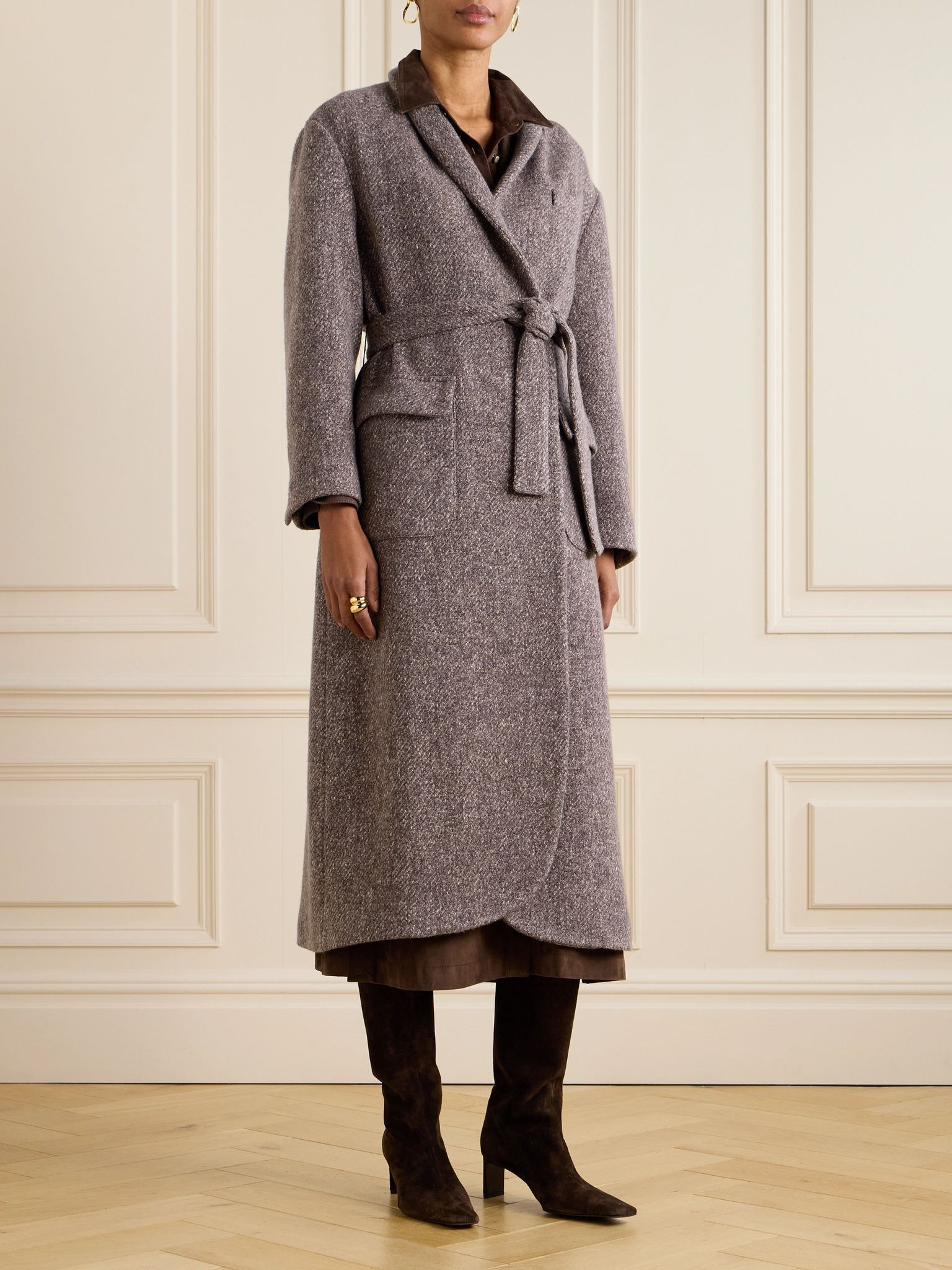 Belted wool and cashmere-blend bouclé coat Brown - 3