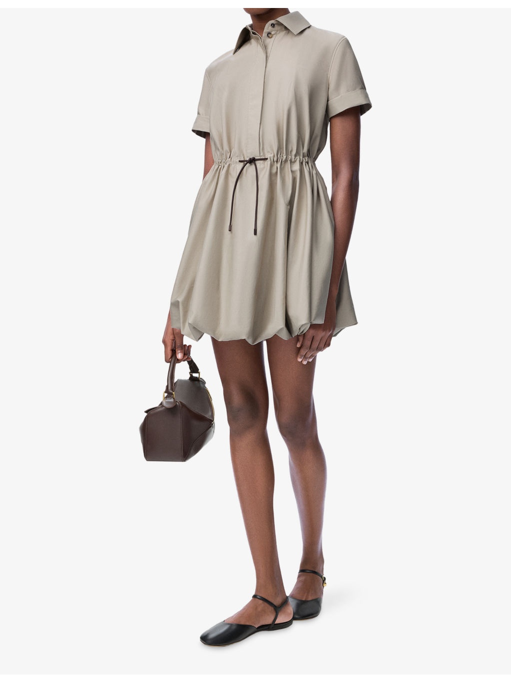 Drawstring-Waist Short-Sleeve Cotton-Silk Woven Mini Dress - 2