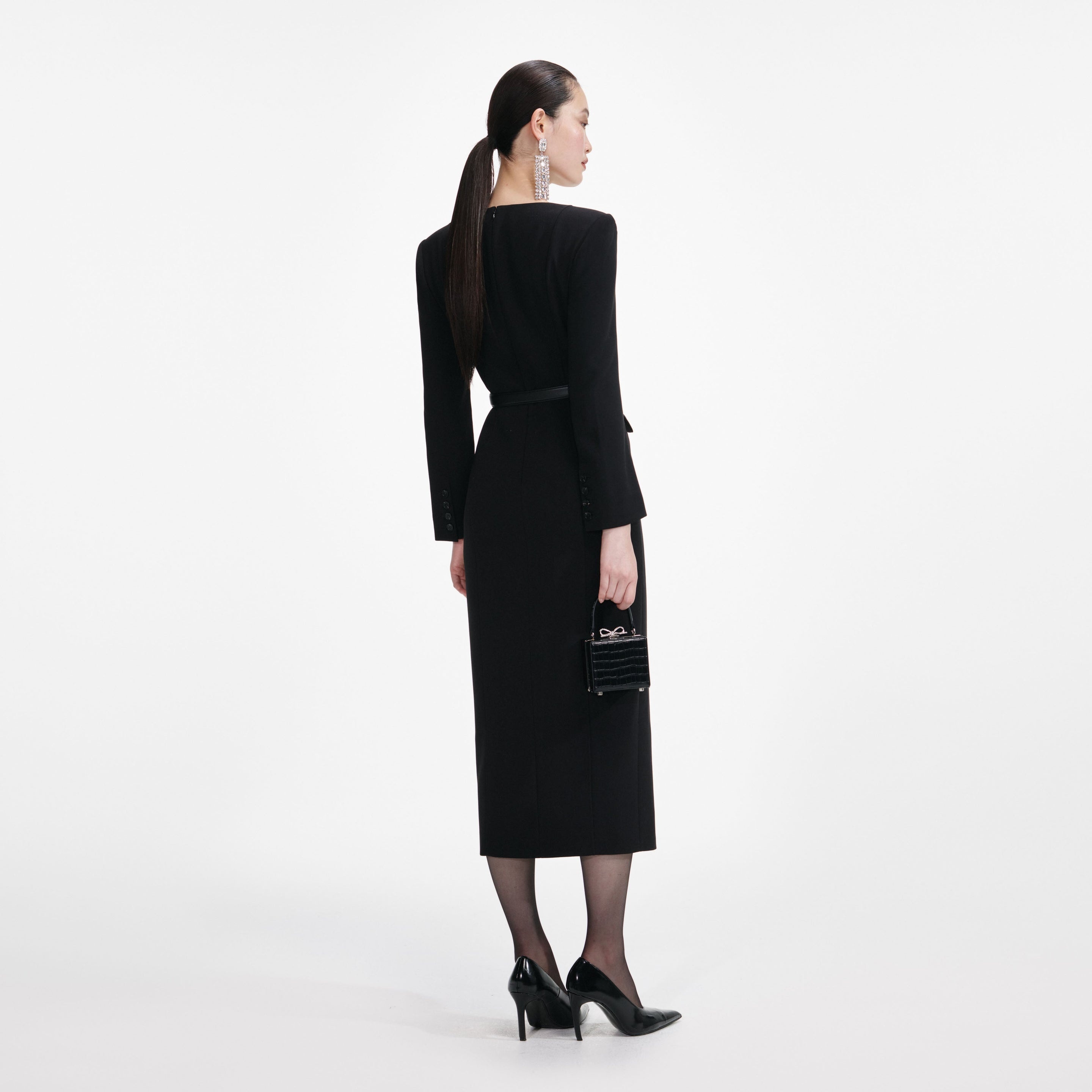 Black Tailored Crepe Midi Dress - 3