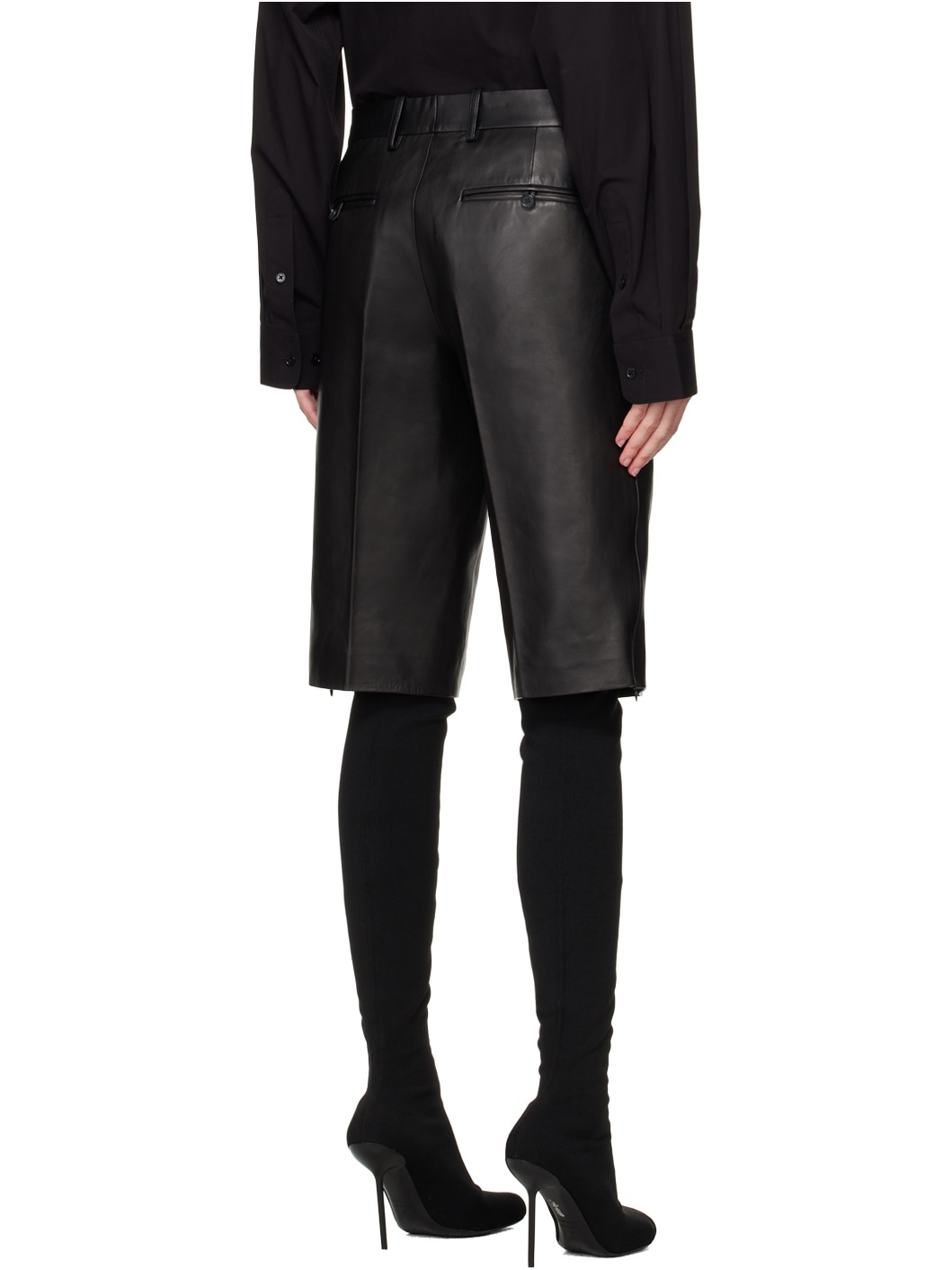 Black Straight-Leg Leather Shorts - 3