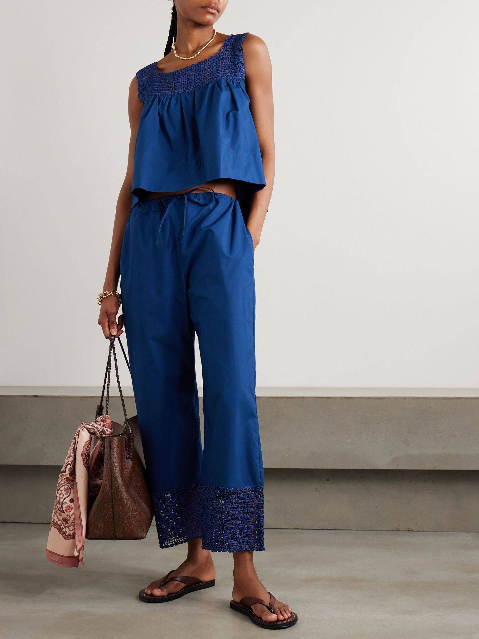 Heirloom crochet-trimmed cotton-poplin wide-leg pants Navy - 2