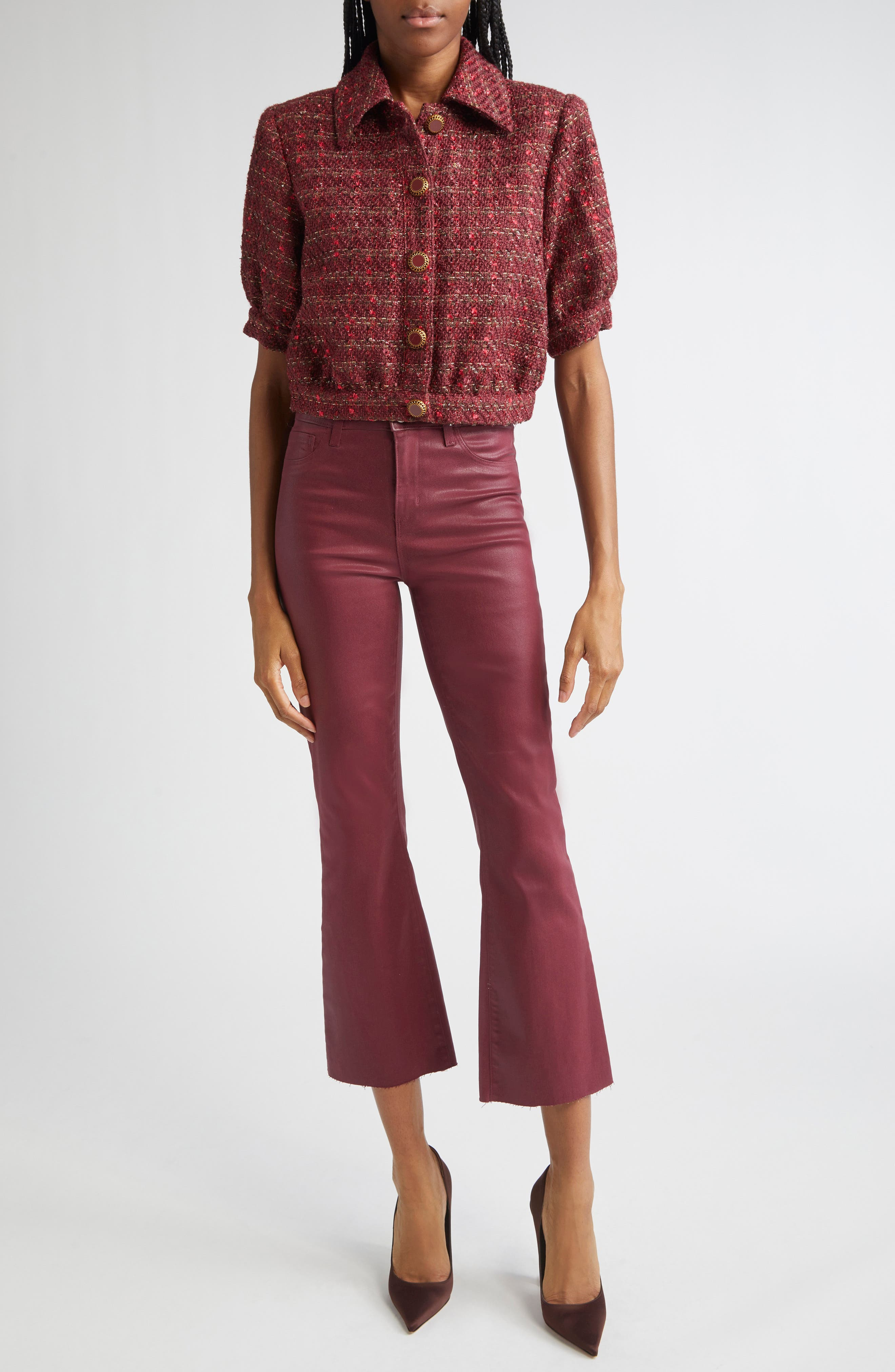 L'AGENCE Tweed Check Puff Sleeve Jacket in Brown/blk Cherry Multi Tweed at Nordstrom - 2
